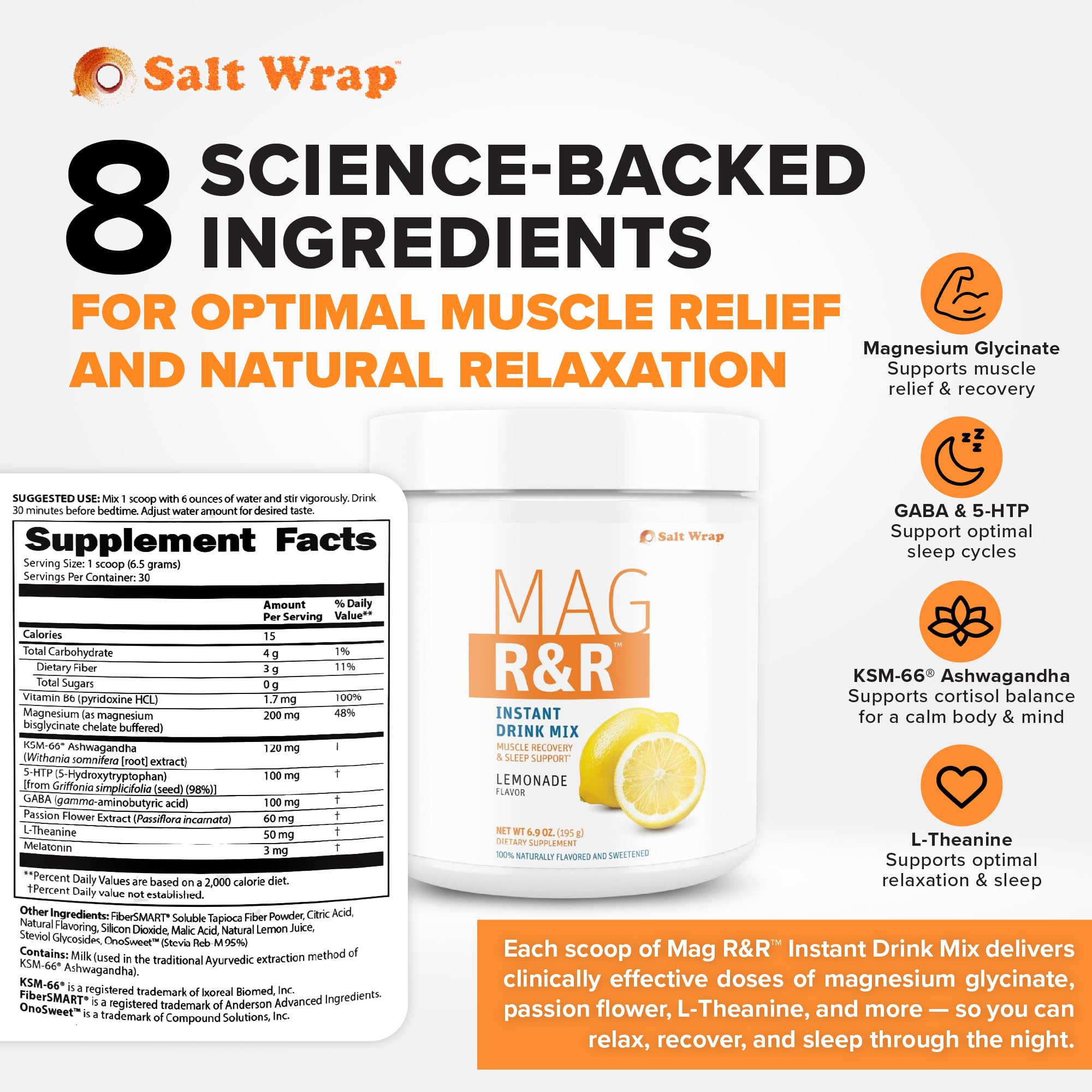 SaltWrap Mag R&R Instant Drink Mix - Sugar-Free Nighttime Magnesium Glycinate Powder with Stevia & FiberSMART® - Muscle Cramp & Leg Cramps Relief, Sleep & Relaxation Support - 30 Servings SaltWrap uk supplements