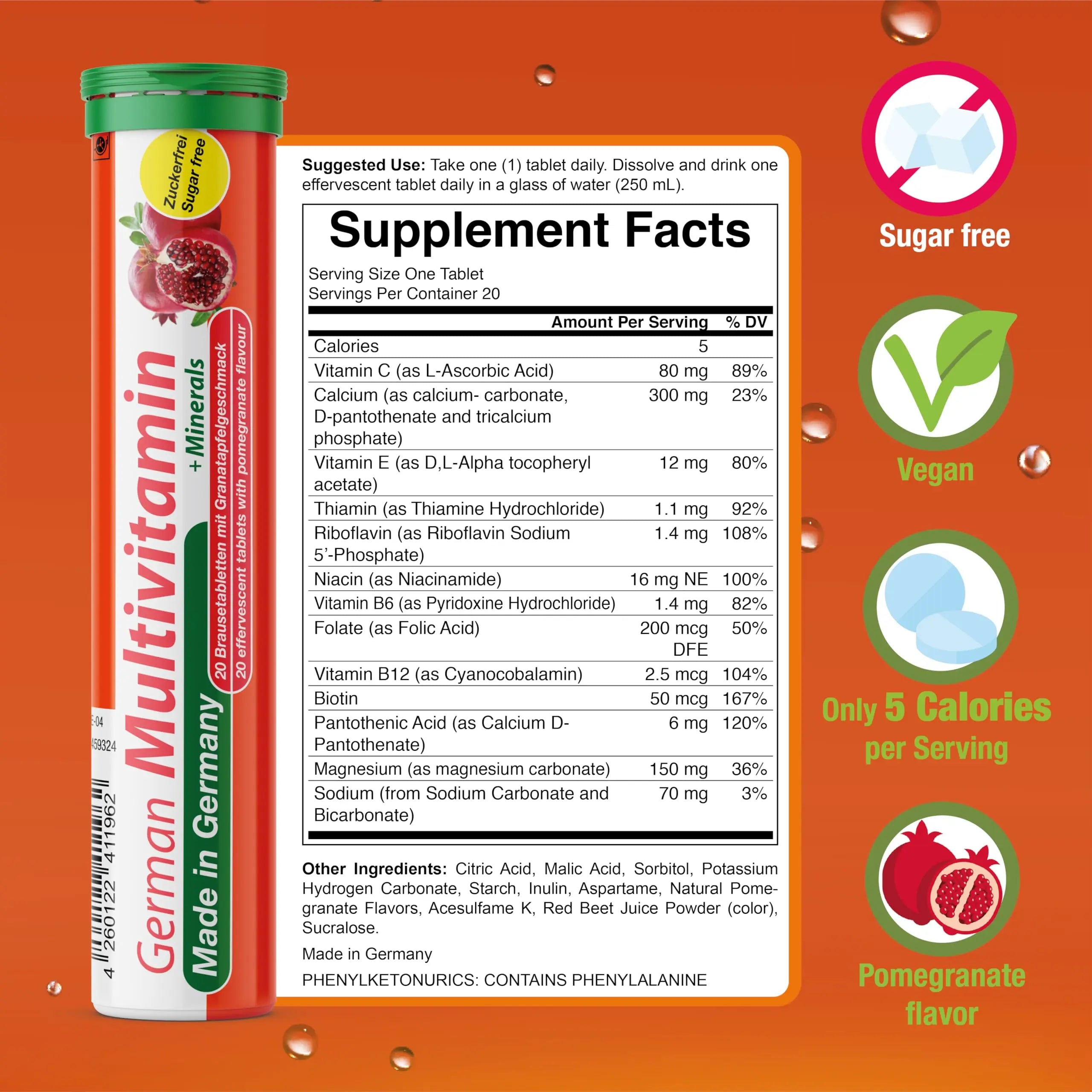 T&D German Multivitamin + Mineralien Drink Effervescent Tablets 140 Servings Pomegranate Flavour – 10 Vitamins + 2 Minerals T&D uk supplements