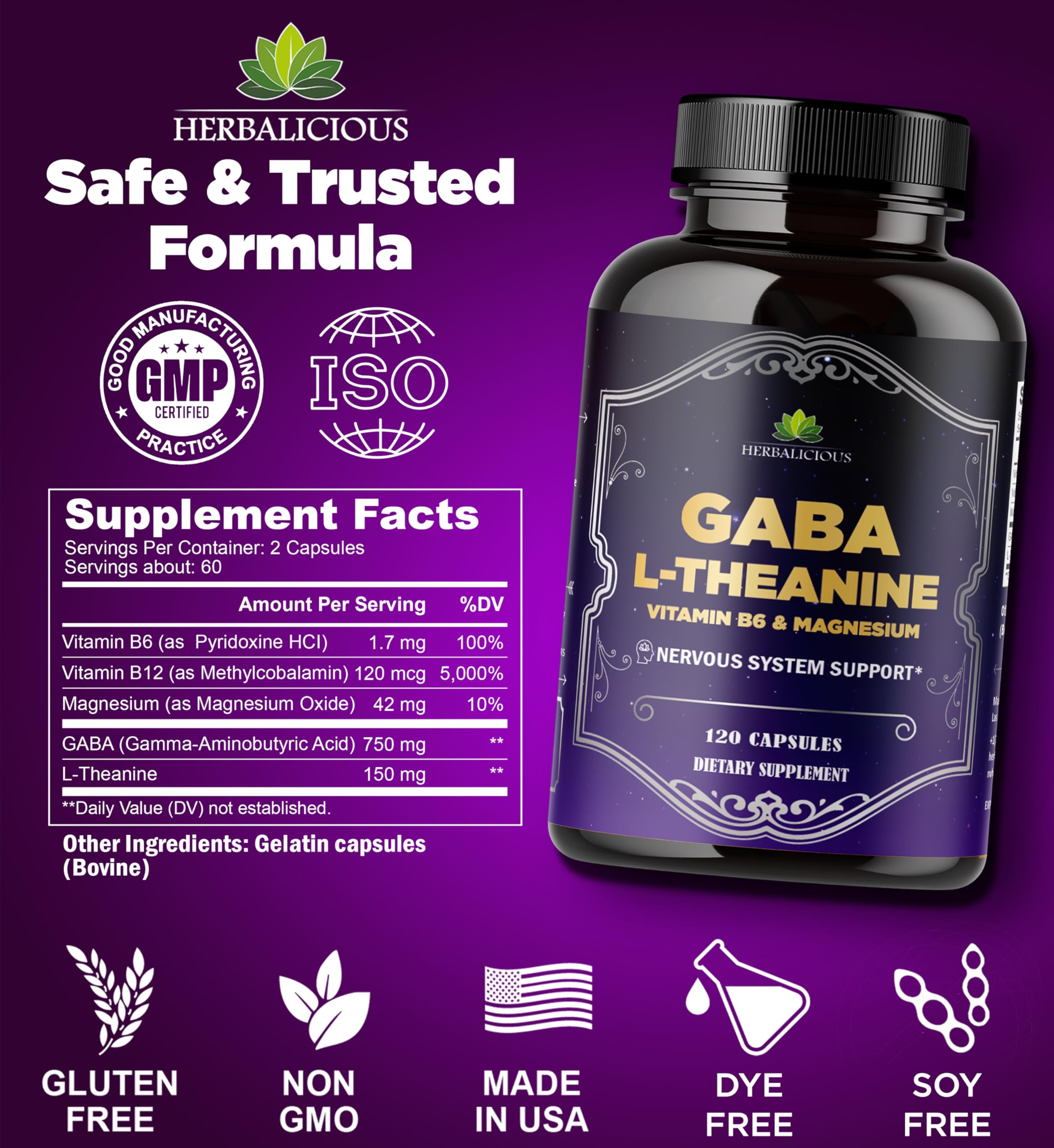 HERBALICIOUS GABA L-Theanine with Magnesium – Calm & Focus Support, Stress Relief, Relaxation + Mood Balance, Brain & Memory Support Supplement – Vitamin B6 + B12 Complex – 120 Capsules HERBALICIOUS uk supplements