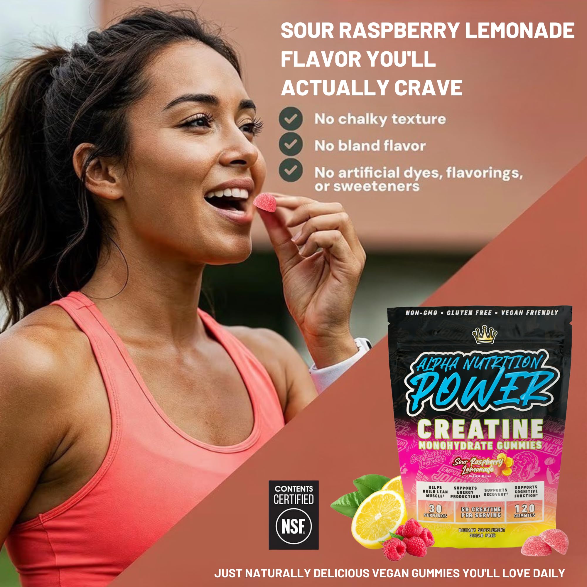Creatine Monohydrate Gummies 5g - Raspberry Lemonade Flavored Creatine for Women and Men - Supplement for Muscle Gain, Strength, Energy, Cognitive Health, Pre and Post Workout, Recovery, (120 Gummies) Alpha Nutrition Power uk supplements