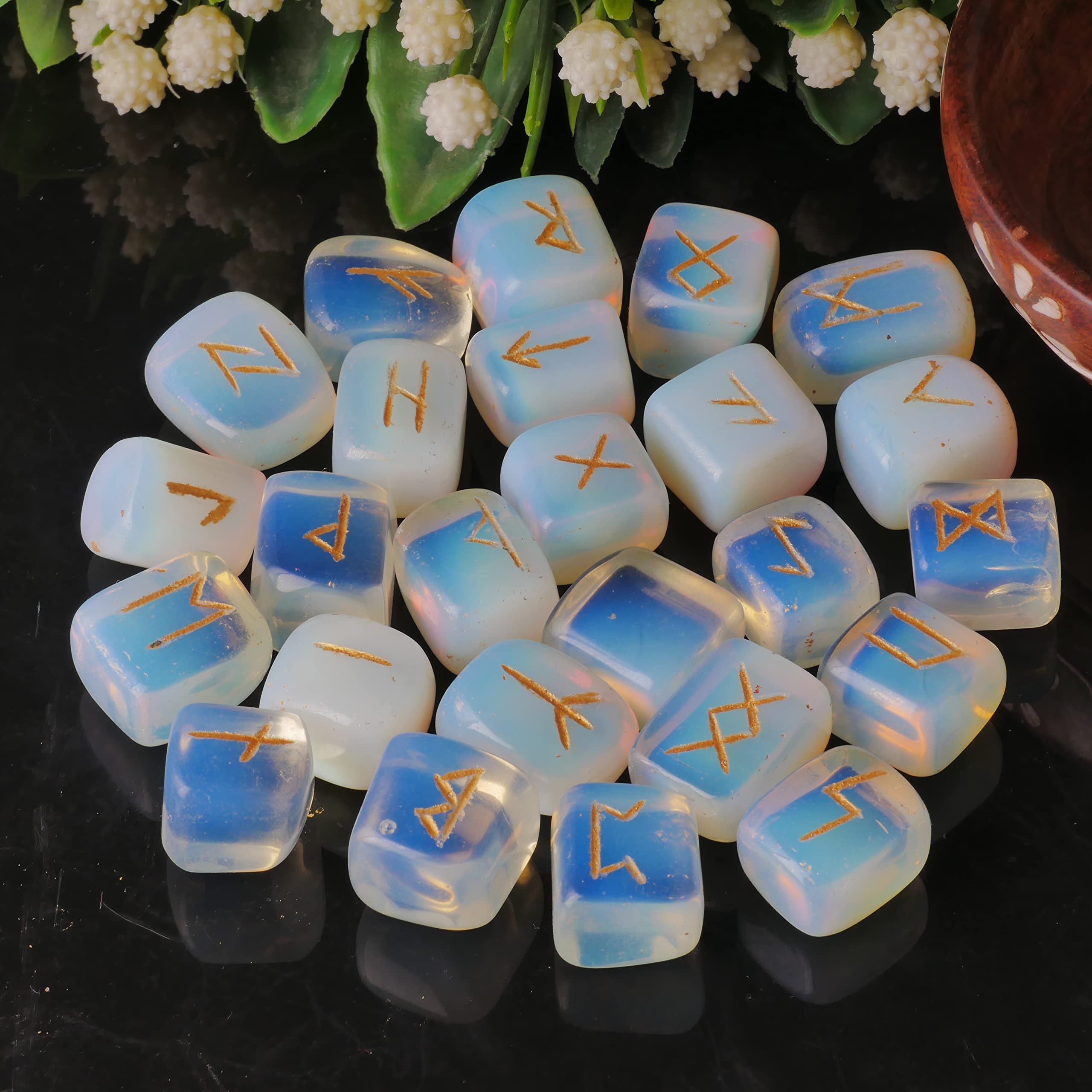 Opalite Rune Stone - Rune Set - Engraved Elder Futhark Alphabet Symbols - Witchcraft Crystals QUIPSA uk supplements