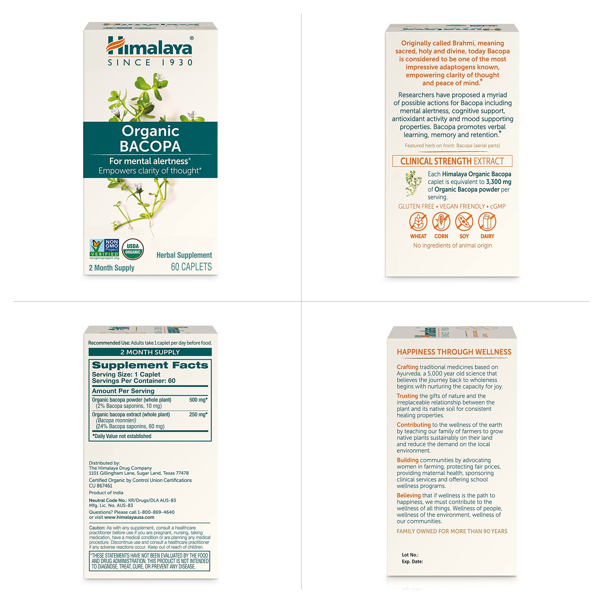 Himalaya Bacopa Monnieri Nootropic Herbal Supplement, Supports Calm, Memory, Cognition, USDA Certified Organic, Non-GMO, 750 mg, 60 Plant-Based Caplets, 60 Day Supply Himalaya uk supplements
