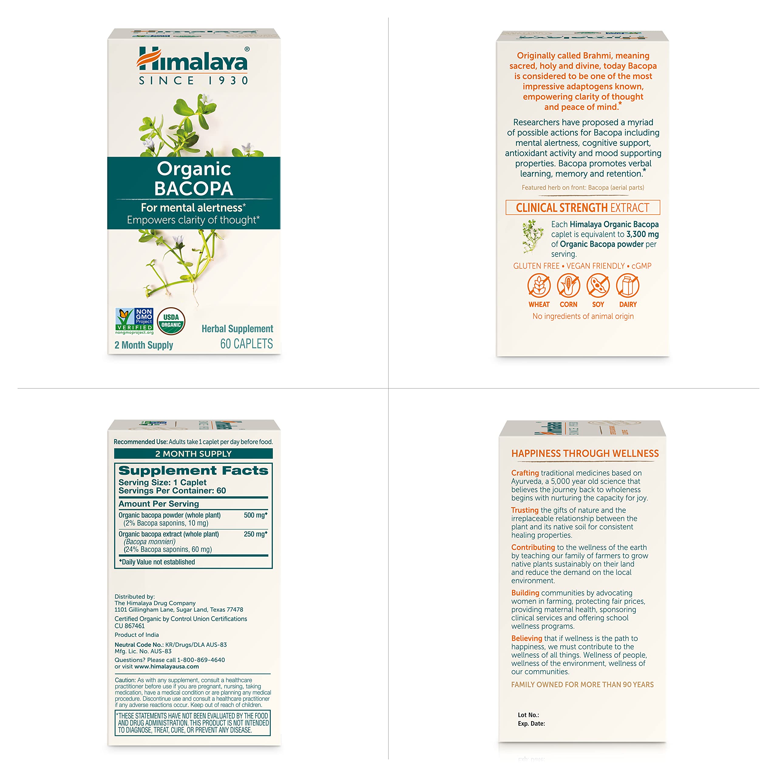 Himalaya Bacopa Monnieri Nootropic Herbal Supplement, Supports Calm, Memory, Cognition, USDA Certified Organic, Non-GMO, 750 mg, 60 Plant-Based Caplets, 60 Day Supply Himalaya uk supplements