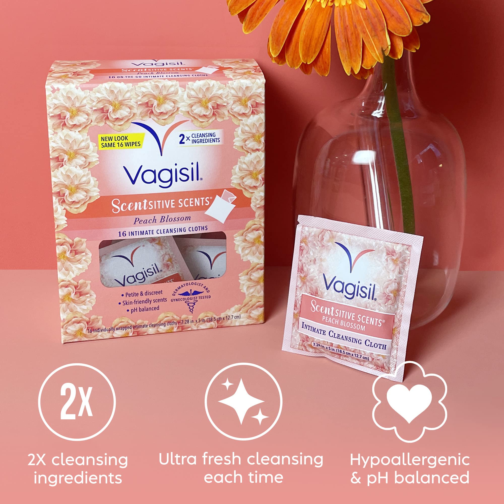Vagisil Scentsitive Scents On-The-Go Feminine Cleansing Wipes, pH Balanced, Peach Blossom Vagisil uk supplements