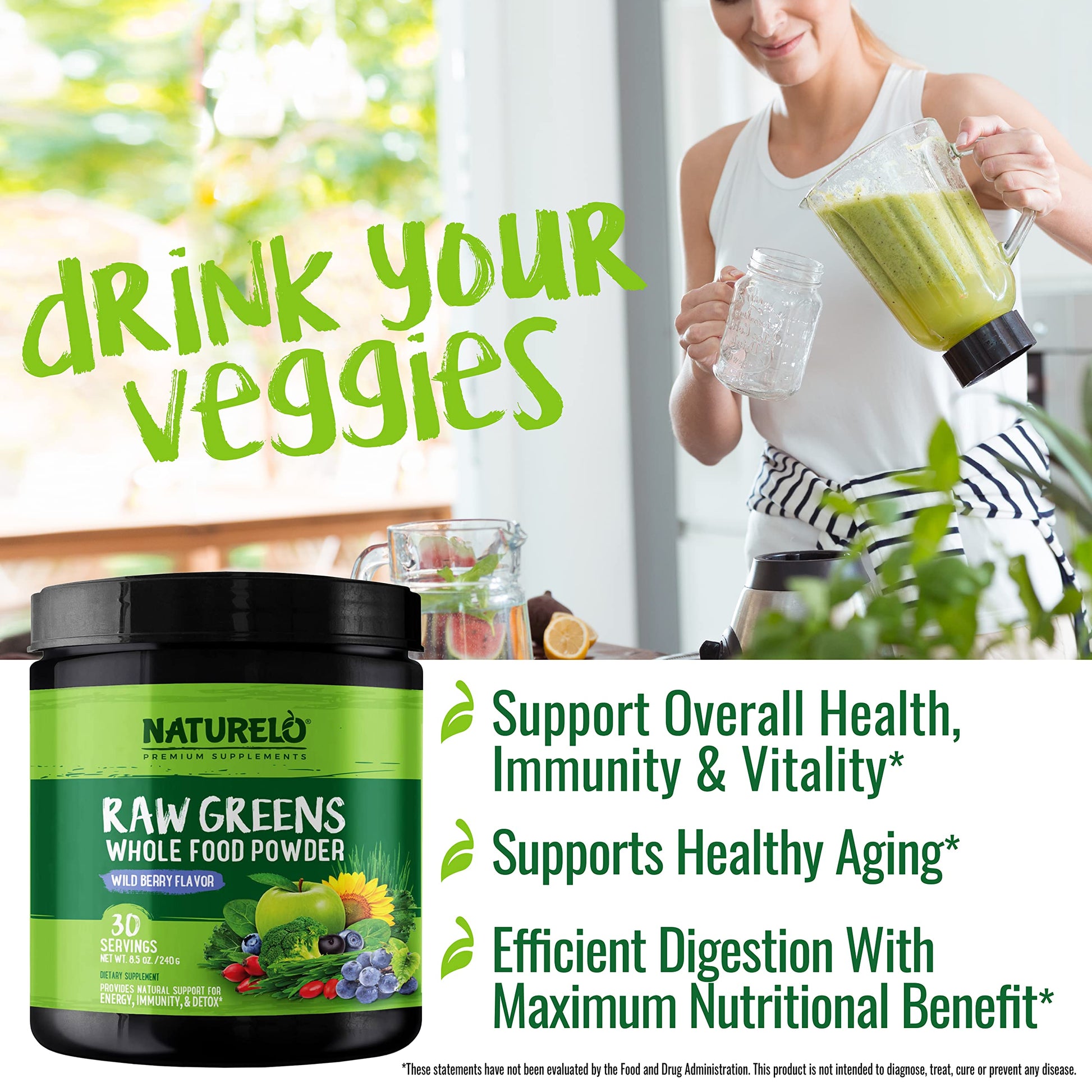 NATURELO Raw Greens Superfood Powder - Wild Berry Flavor - Boost Ener NATURELO uk supplements