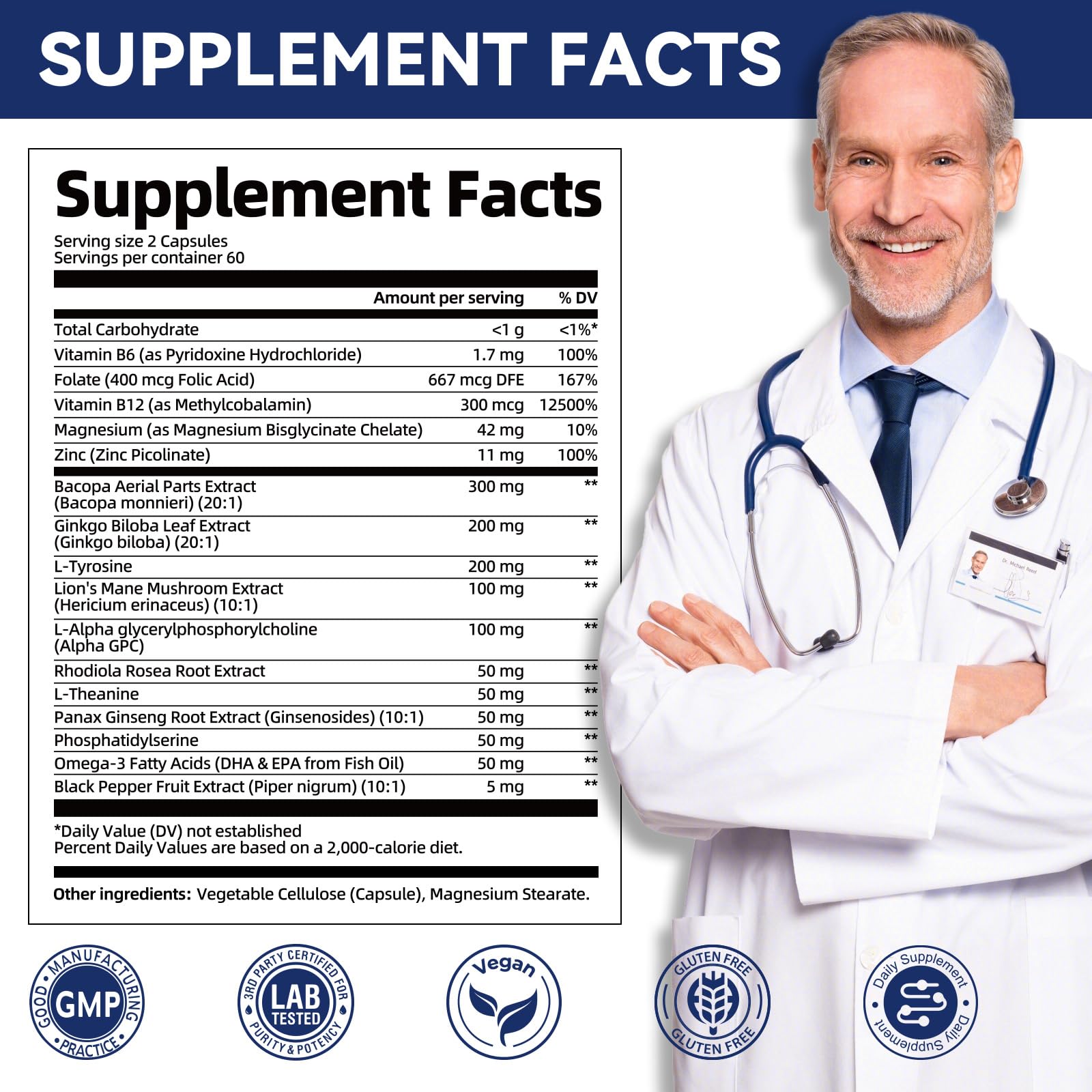 Brain Supplements for Memory & Focus - Nootropic with Bacopa Monnieri, Lion's Mane, Alpha GPC, Phosphatidylserine | Supports Mental Clarity & Cognitive Function | Vitamin B6 & B12-120 Capsules Migcopat uk supplements