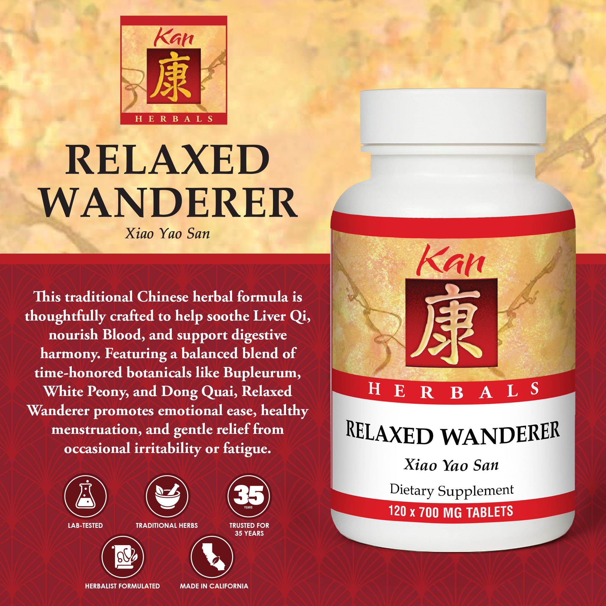 Kan Herbs Company Relaxed Wanderer – Traditional Chinese Herbal Formula to Support Mood, Digestion, and Menstrual Balance, Nourishes Blood, Eases Occasional Tension and Fatigue, 120 Tablets Kan Herb uk supplements