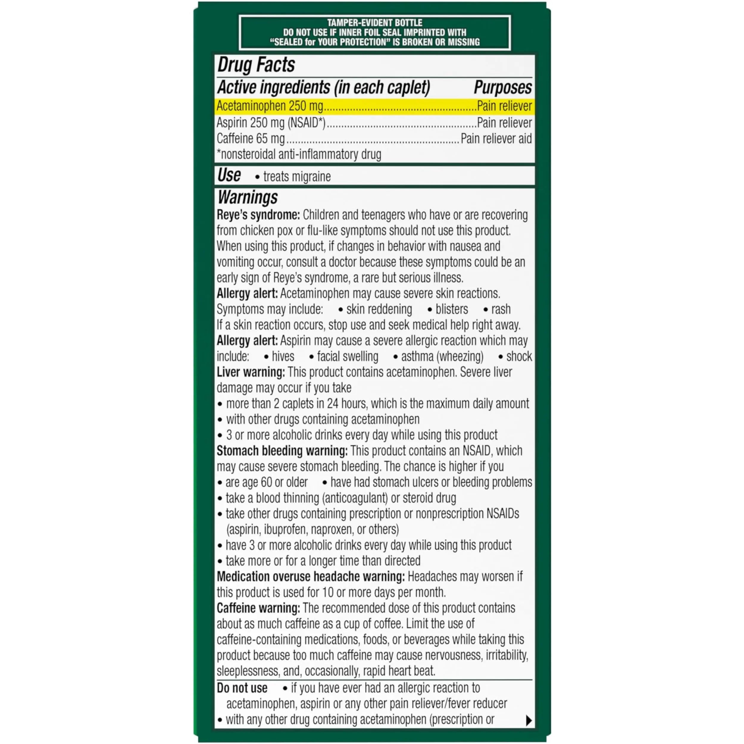 Excedrin Migraine Relief Caplets for Migraine Symptoms, Acetaminophen 250mg, Aspirin 250mg, Caffeine 65mg, Pain Reliever, 100 Count GlaxoSmithKline uk supplements