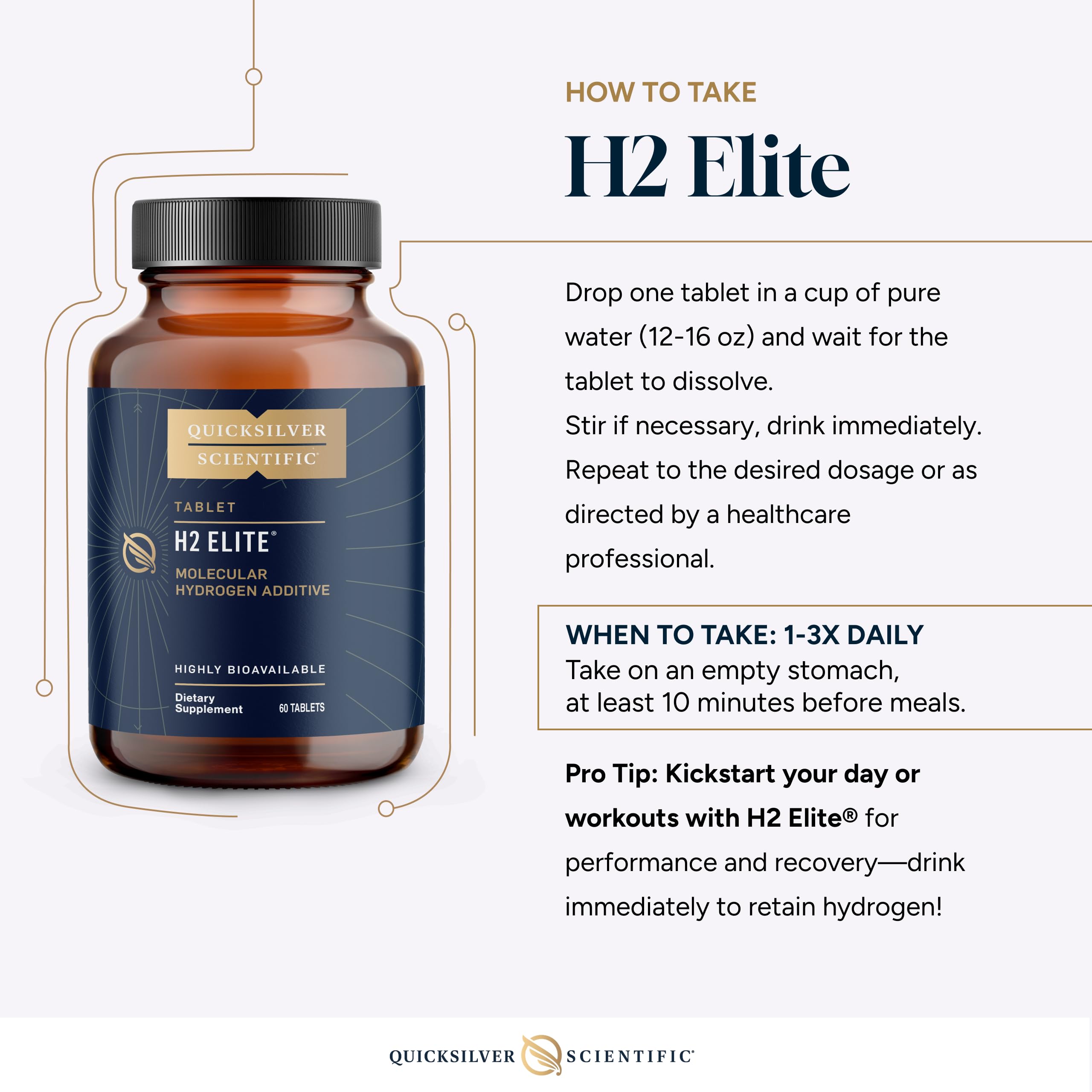 Quicksilver Scientific H2 Elite - Molecular Hydrogen for Energy + Metabolism Support, Water Tablets Perfect for Open Containers - Magnesium Malate Drink Additive (60 Molecular Hydrogen Tablets) Quicksilver Scientific uk supplements