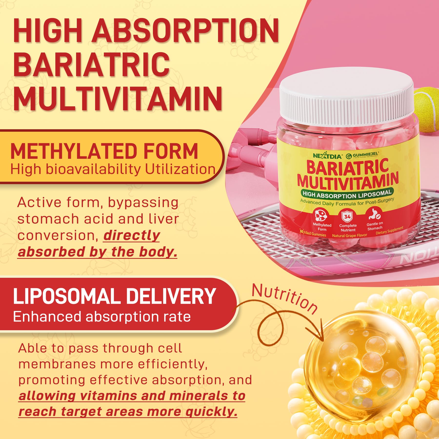 Liposomal Methylated Bariatric Multivitamin Gummies with Iron for Women & Men, High Absorption Multivitamin w/CoQ 10, Probiotic, Digestive Enzymes Support Gastric Bypass & Sleeve Recover, Energy,1Pack Nextdia uk supplements