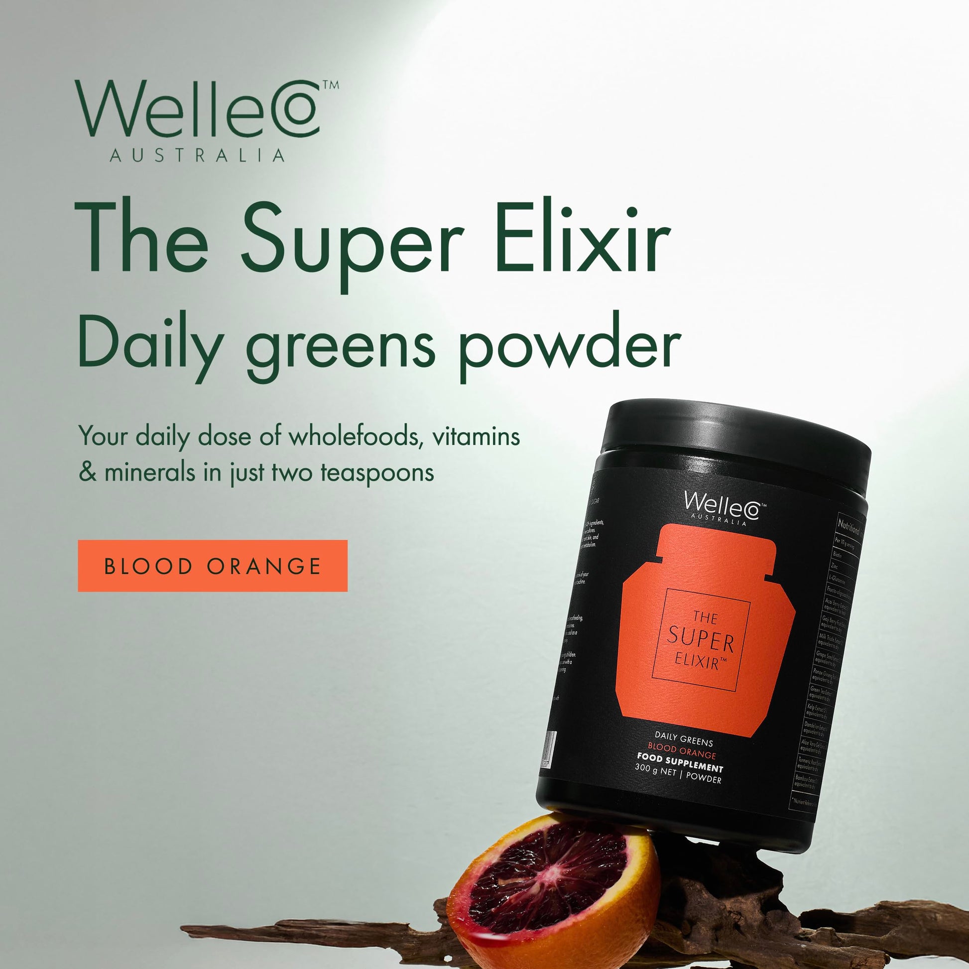 WelleCo The Super Elixir Daily Greens Powder, Probiotic Drink Mix with Whole Foods, Gluten Free, Vegan Gut Health Powder, Energy, Immunity, Healthy Skin, Hair & Nails (Jar, Blood Orange) WelleCo uk supplements