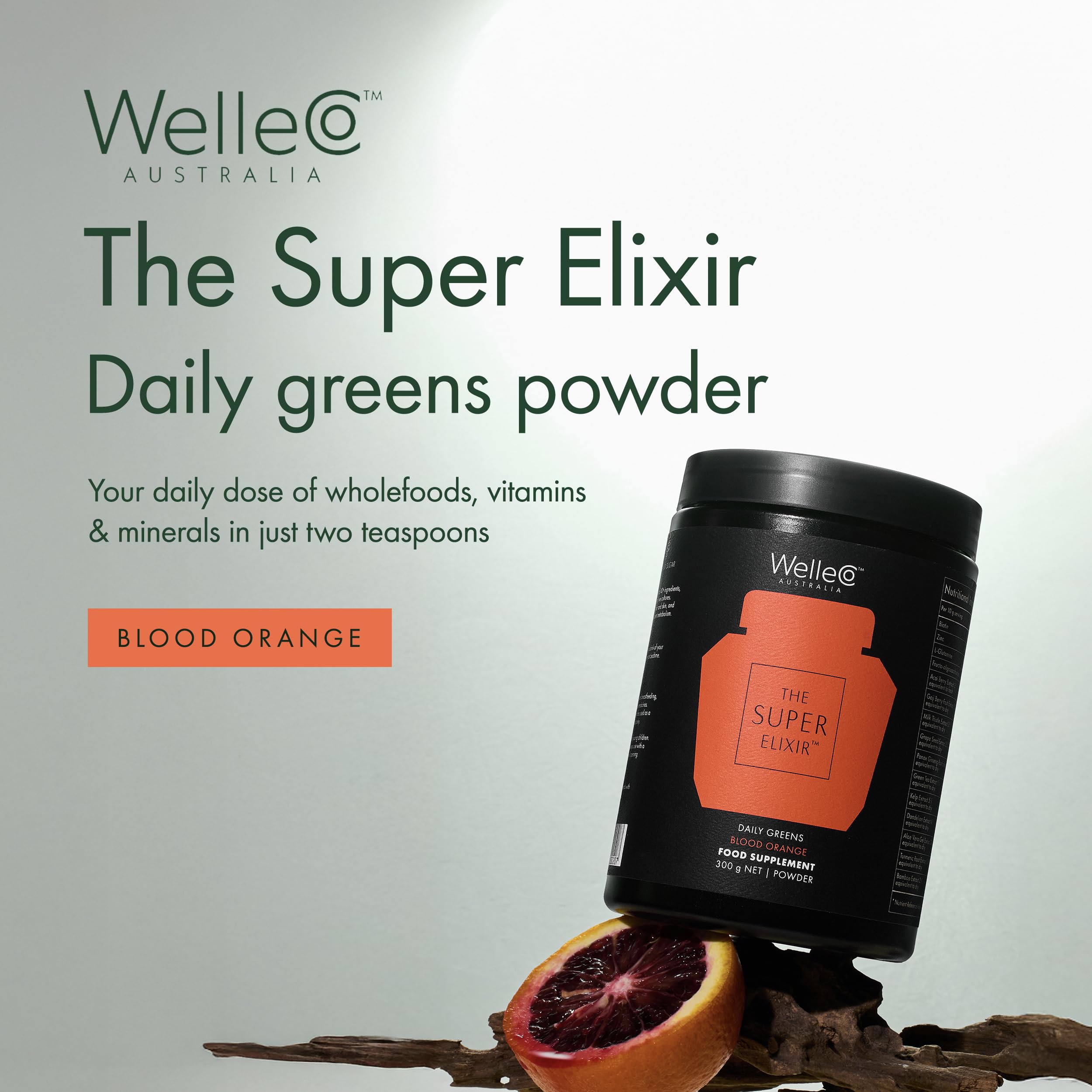 WelleCo The Super Elixir Daily Greens Powder, Probiotic Drink Mix with Whole Foods, Gluten Free, Vegan Gut Health Powder, Energy, Immunity, Healthy Skin, Hair & Nails (Jar, Blood Orange) WelleCo uk supplements