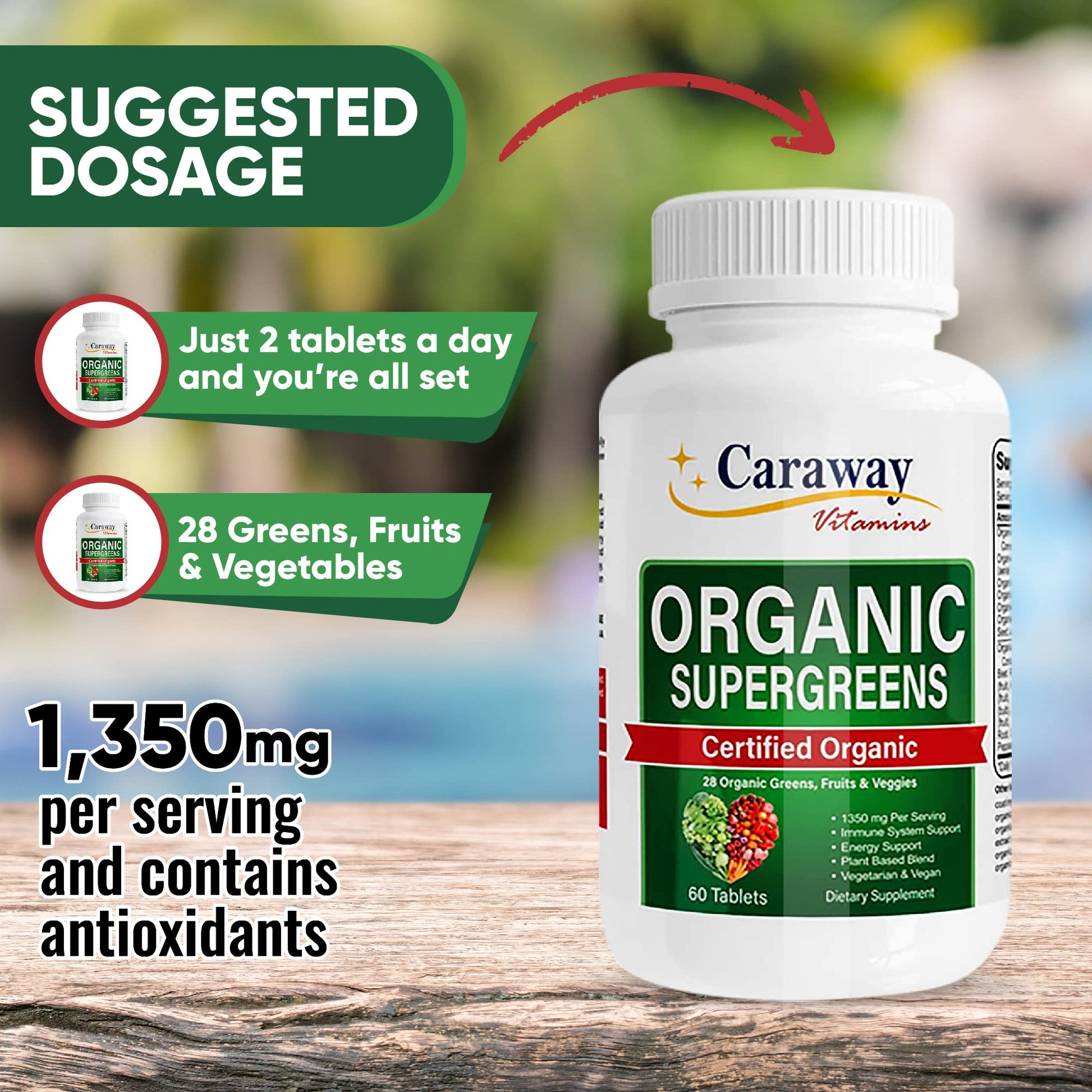 Organic Superfoods Vitamins Super Greens Complex by Caraway Vitamins 1,350 mg per Serving 28 Fruits Vegetables Greens 60 Count Tablets Non-GMO Natural for Men & Women Caraway Vitamins uk supplements