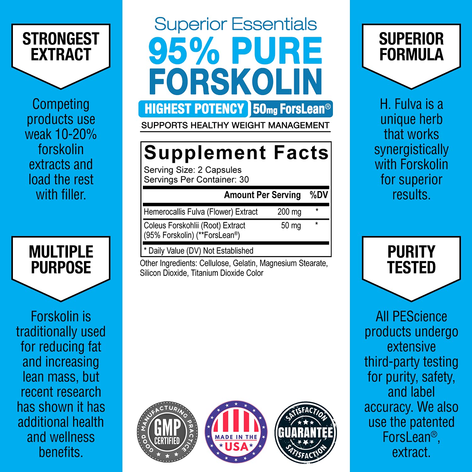 PEScience Forskolin-95+ Capsules, 95% Pure Forskolin from Coleus Forskohlii Extract with Hemerocallis Fulva Extract, Patented ForsLean, 50mg, 60 Count PEScience uk supplements