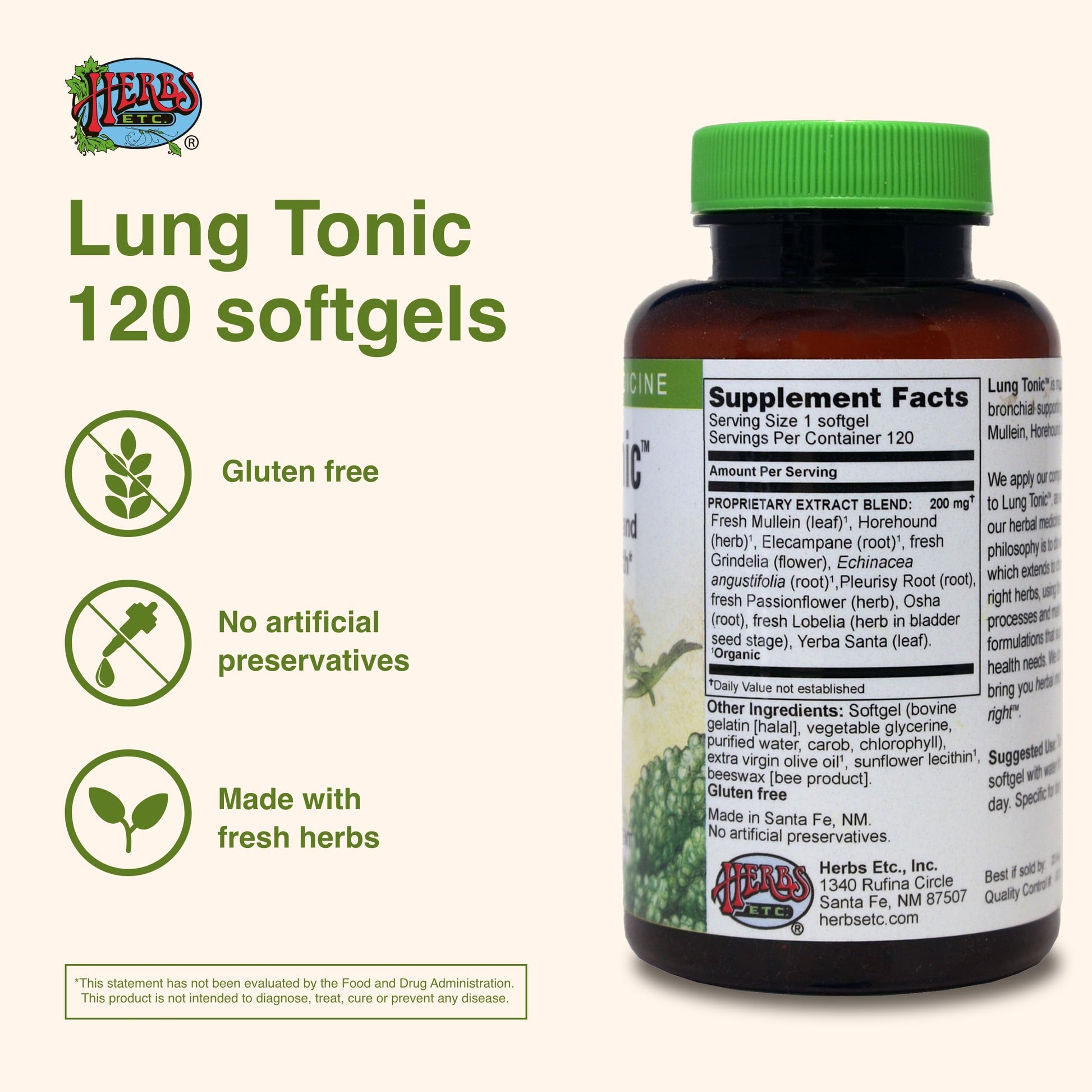 Herbs Etc. Lung Tonic - Lung Supplement for Bronchial Support - Healthy Breathing Support with Mullein, Horehound & Grindelia - 120 Softgels Herbs Etc. uk supplements