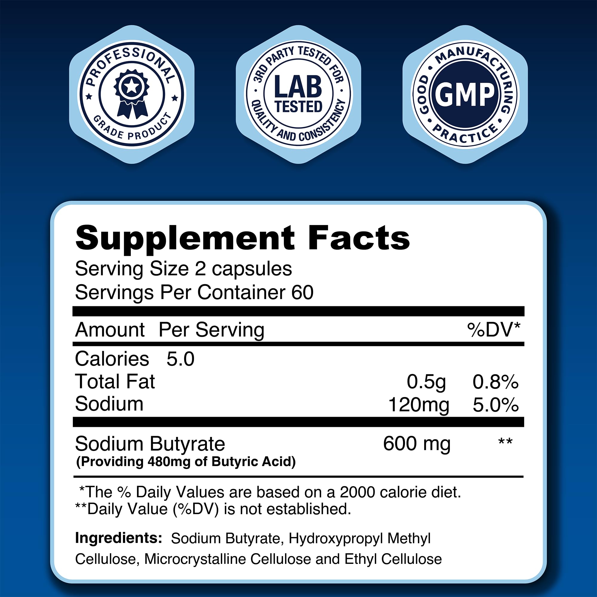LongJuvity Sodium Butyrate Supplement (300mg) - Optimal Gut Health for Men & Women - Digestion Support & Leaky Gut Repair - Postbiotic Short Chain Fatty Acid, Lab Tested (120 Extended Release Caps) LongJuvity Labs uk supplements