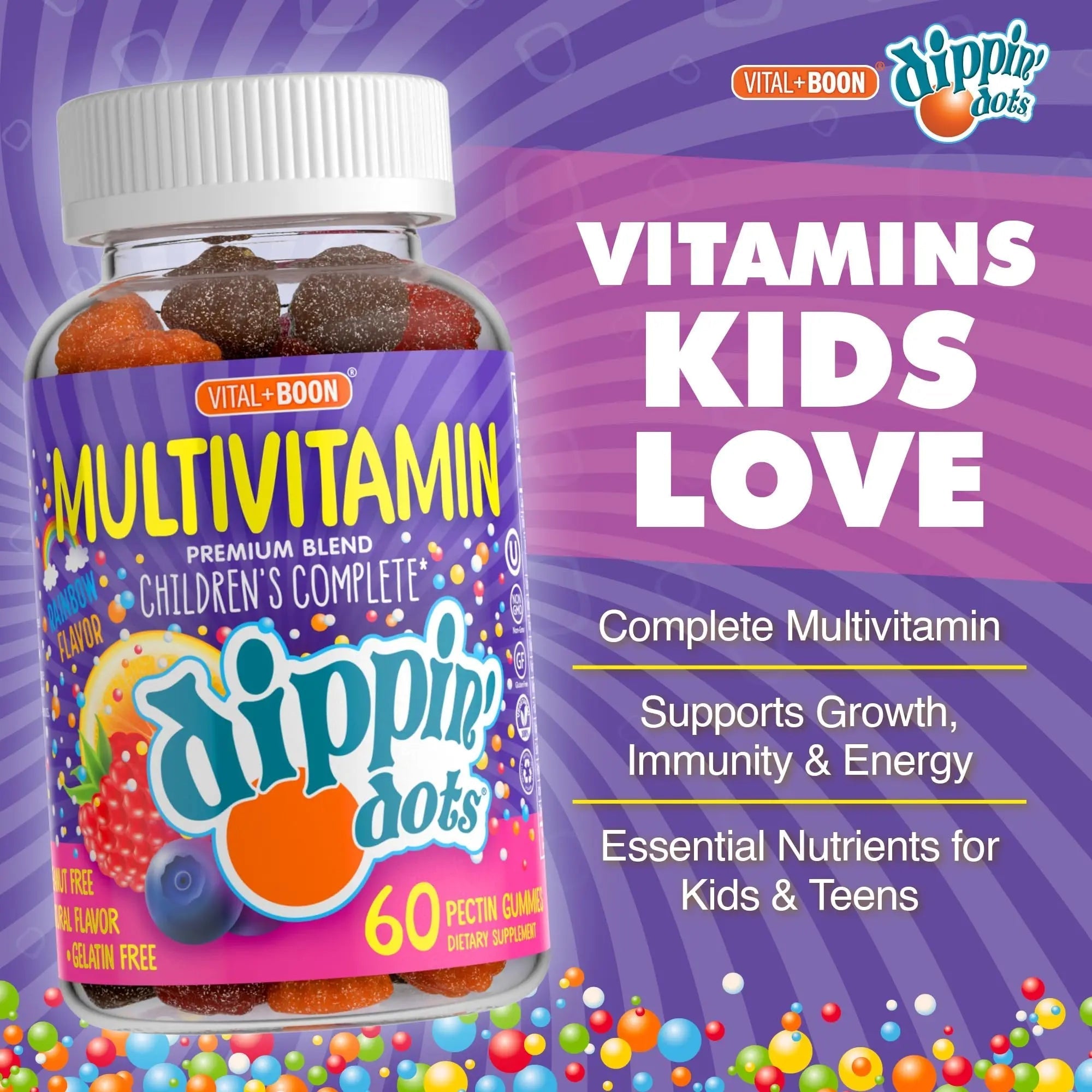 Dippin' Dots - Multivitamin Gummies for Kids Rainbow Fruit Flavor Complete Multivitamin Chewy Gummies Vitamin A, B, C, D3, E, B6, Zinc - 60 Count Vital+Boon uk supplements