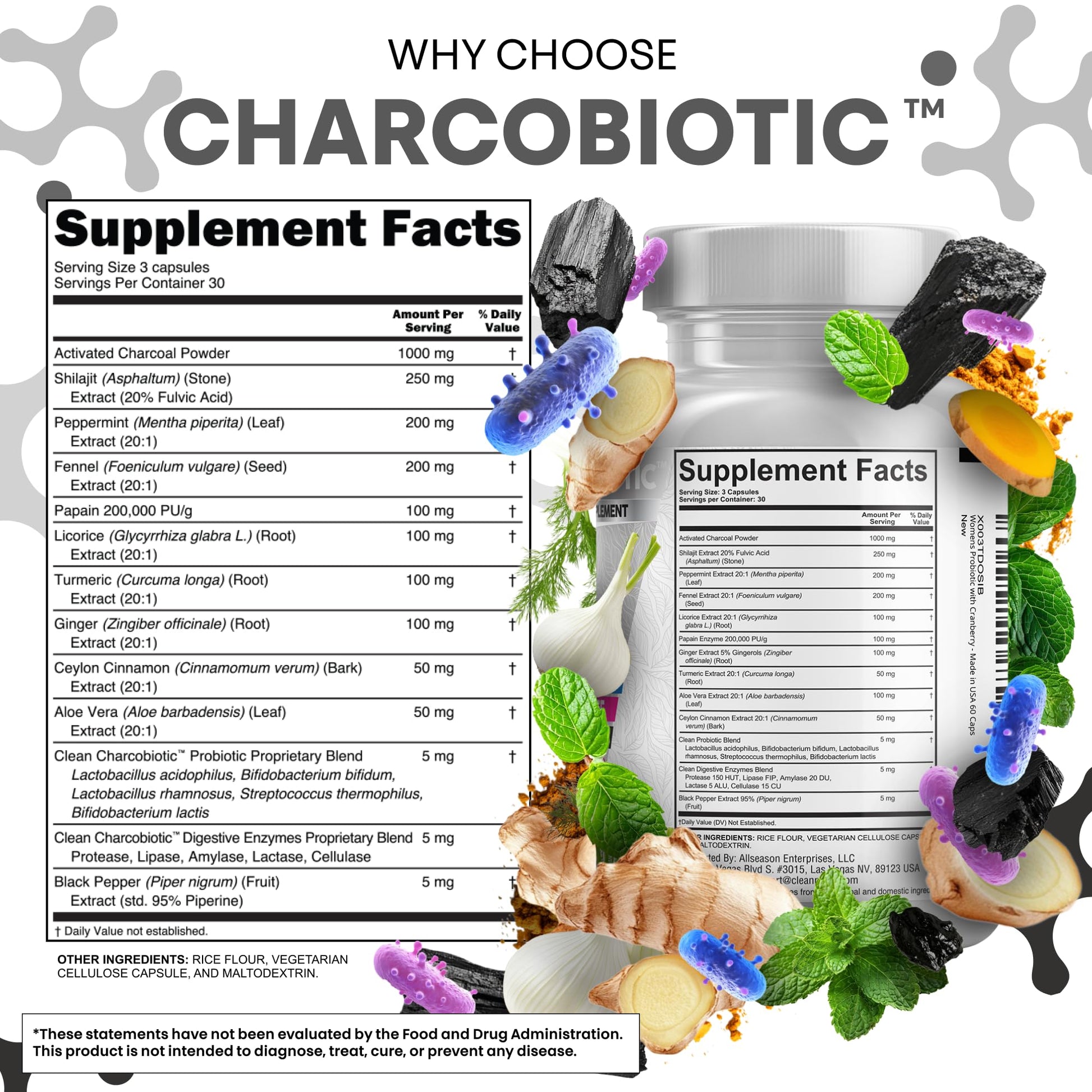 Clean Nutra Activated Charcoal Pills + Shilajit Probiotic Digestive Enzymes for Digestive Health Capsules with Peppermint Fennel Licorice Papain Ginger Turmeric Powder | Gut Health Clean Nutraceuticals uk supplements