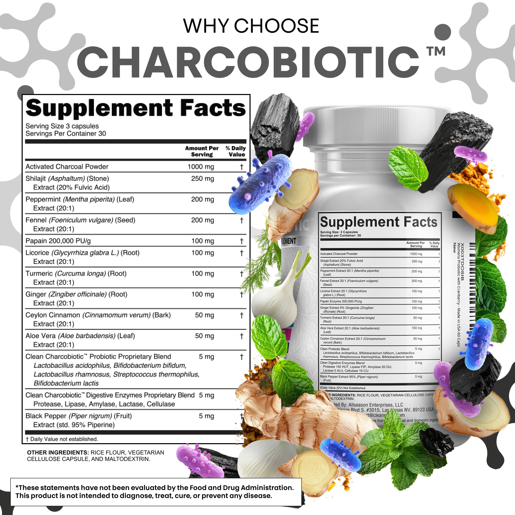 Clean Nutra Activated Charcoal Pills + Shilajit Probiotic Digestive Enzymes for Digestive Health Capsules with Peppermint Fennel Licorice Papain Ginger Turmeric Powder | Gut Health Clean Nutraceuticals uk supplements