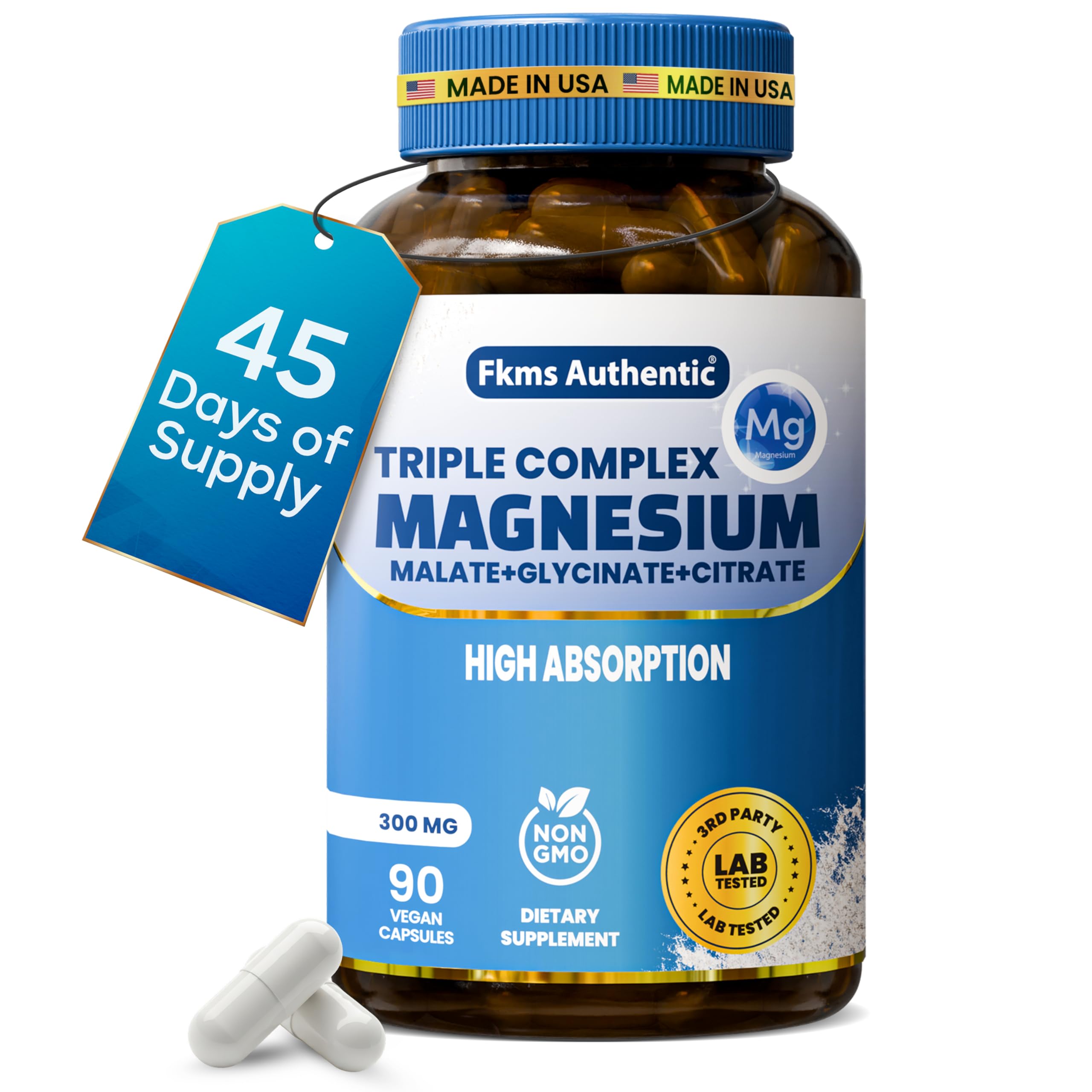 FKMS Authentic Triple Magnesium Complex | 300mg Magnesium Glycinate, Malate & Citrate for Sleep, Stress & Muscle Support | Non-GMO, Vegan, Gentle on Stomach | High Absorption | 90 Capsules FKMS AUTHENTIC uk supplements