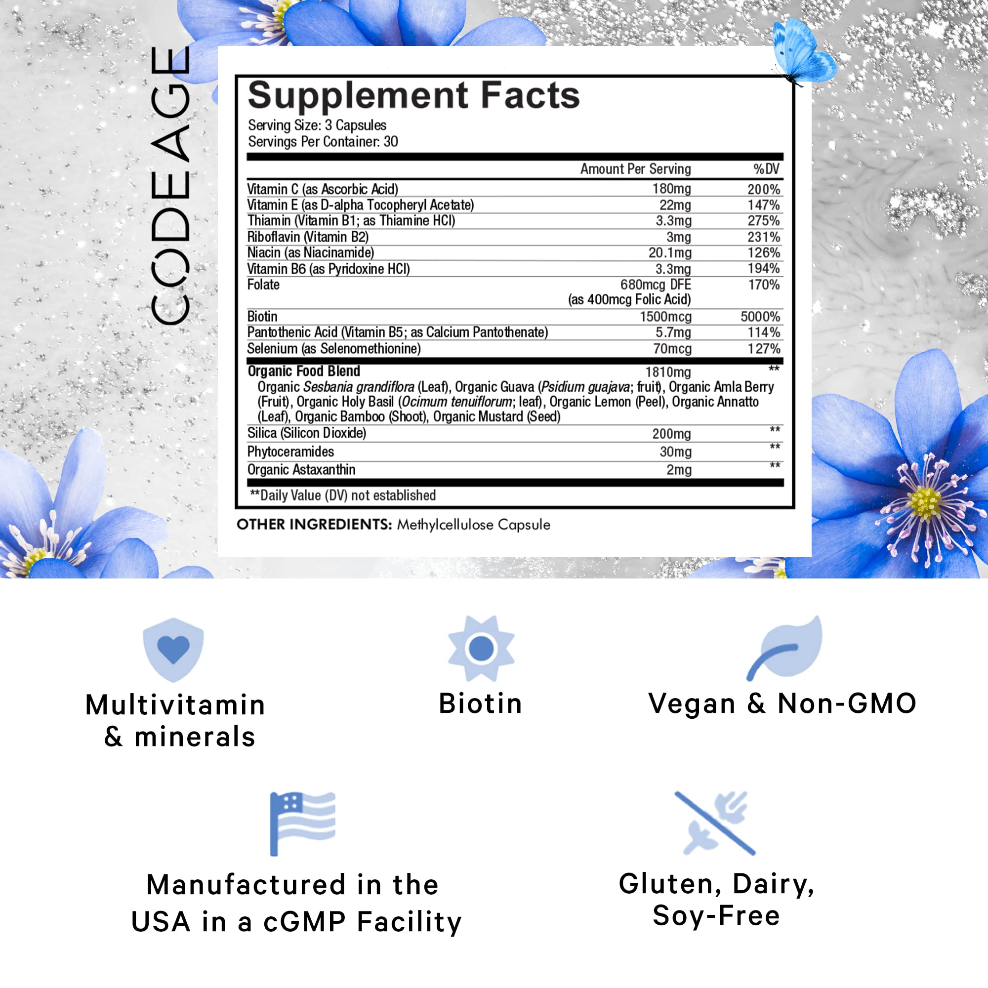 Codeage Biotin Supplement with Vitamin C, Vitamin E, Vitamin B6, Niacin, Folate, Organic Food Blend, Phytoceramides, Astaxanthin, Selenium - Beauty Tonic - Hair, Skin, and Nail Support - Vegan, 90 Ct Codeage uk supplements
