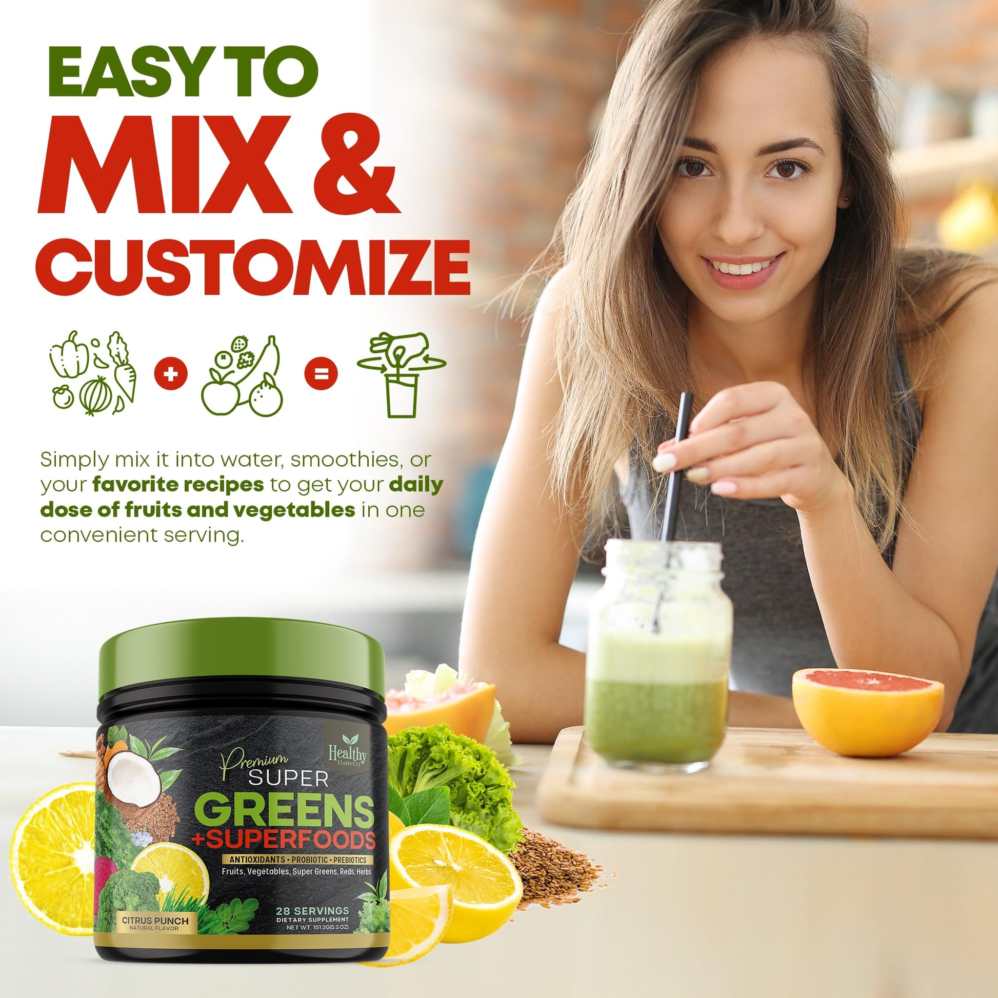 Greens Powder Superfood Supplement - Super Green Reds Smoothie Mix Blend with Spirulina Healthy Harvest Nutrition uk supplements