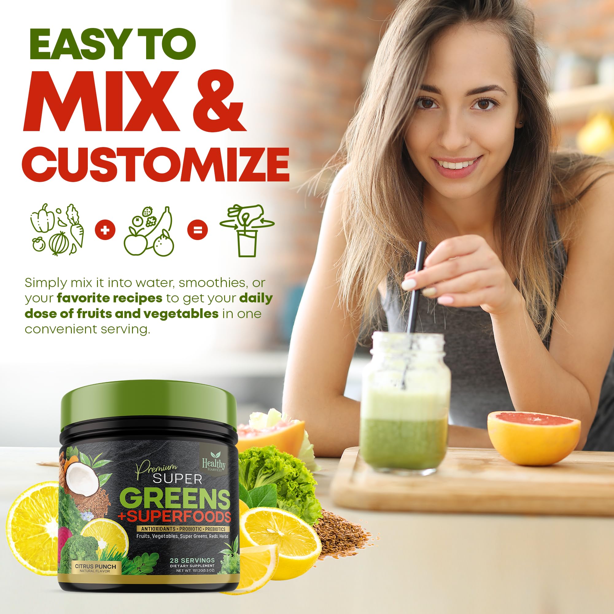 Greens Powder Superfood Supplement - Super Green Reds Smoothie Mix Blend with Spirulina Healthy Harvest Nutrition uk supplements