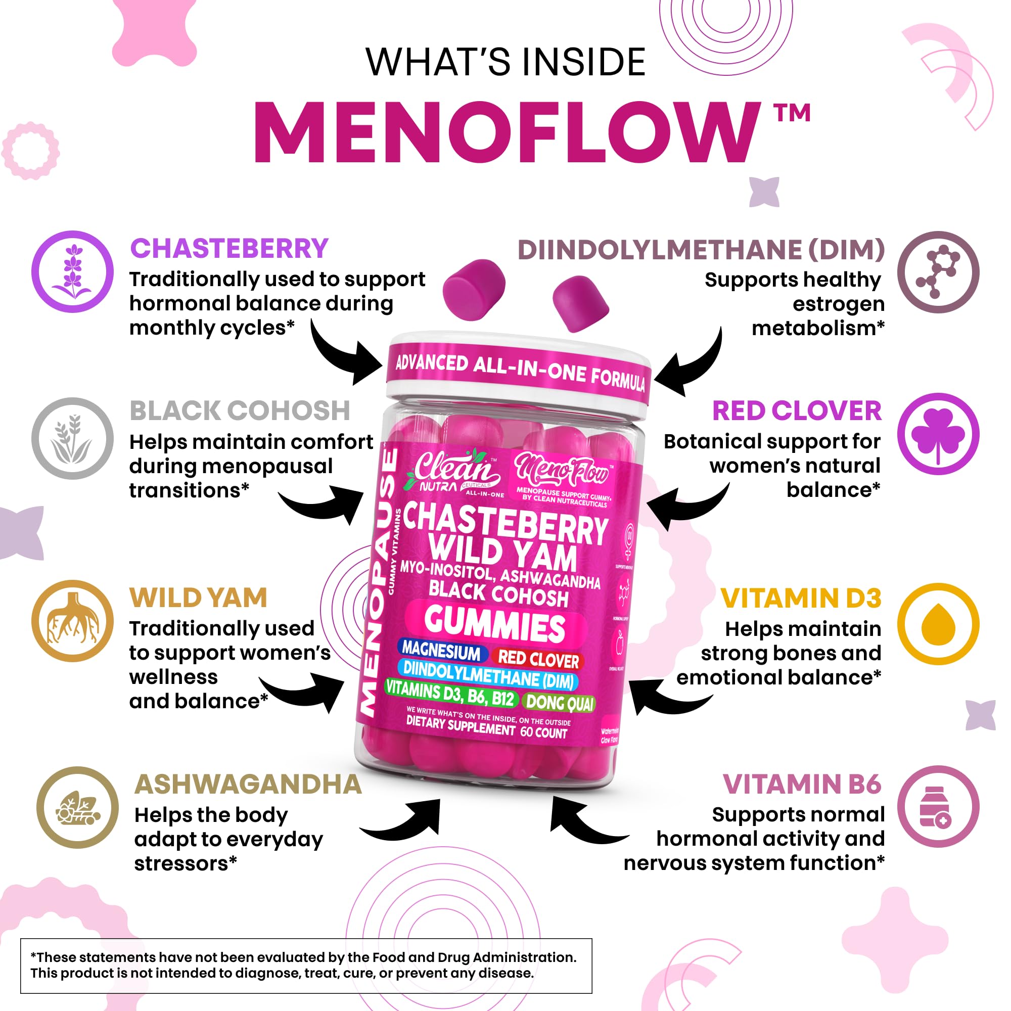 Clean Nutra Menopause Supplements for Women Chastberry Wild Yam Gummies Inositol Black Cohosh Magnesium Red Clover DIM Supplement B6 Magnesium Glycinate Glycine Vitex Hormone Balance Gummy Vitamins Clean Nutraceuticals uk supplements