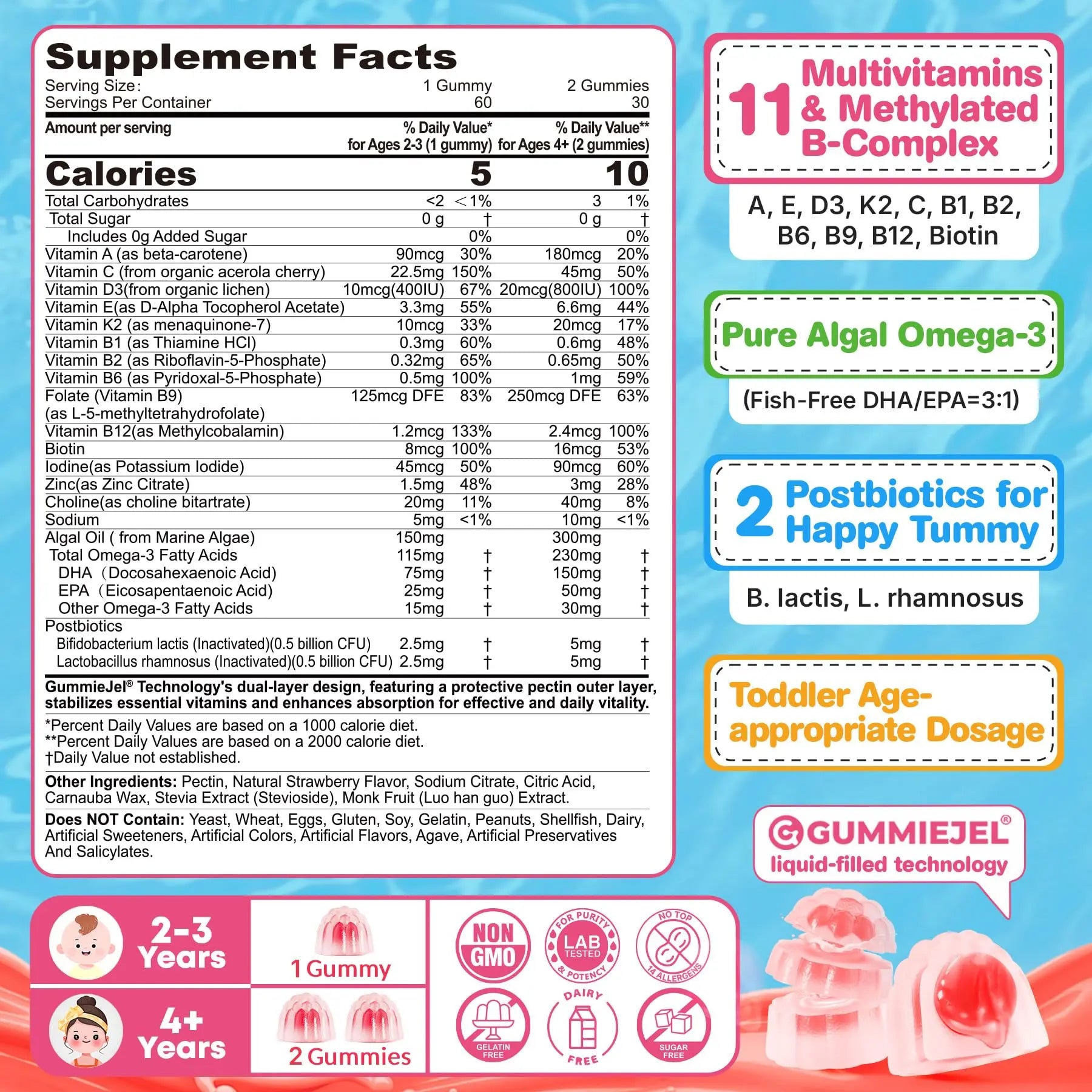Organic Toddler Multivitamin Gummies + Omega-3 (DHA/EPA), Postbiotics | kids 2+ multivitamin | Vitamins A C D3 Methyl B12 Folate Zinc EnvyCure uk supplements