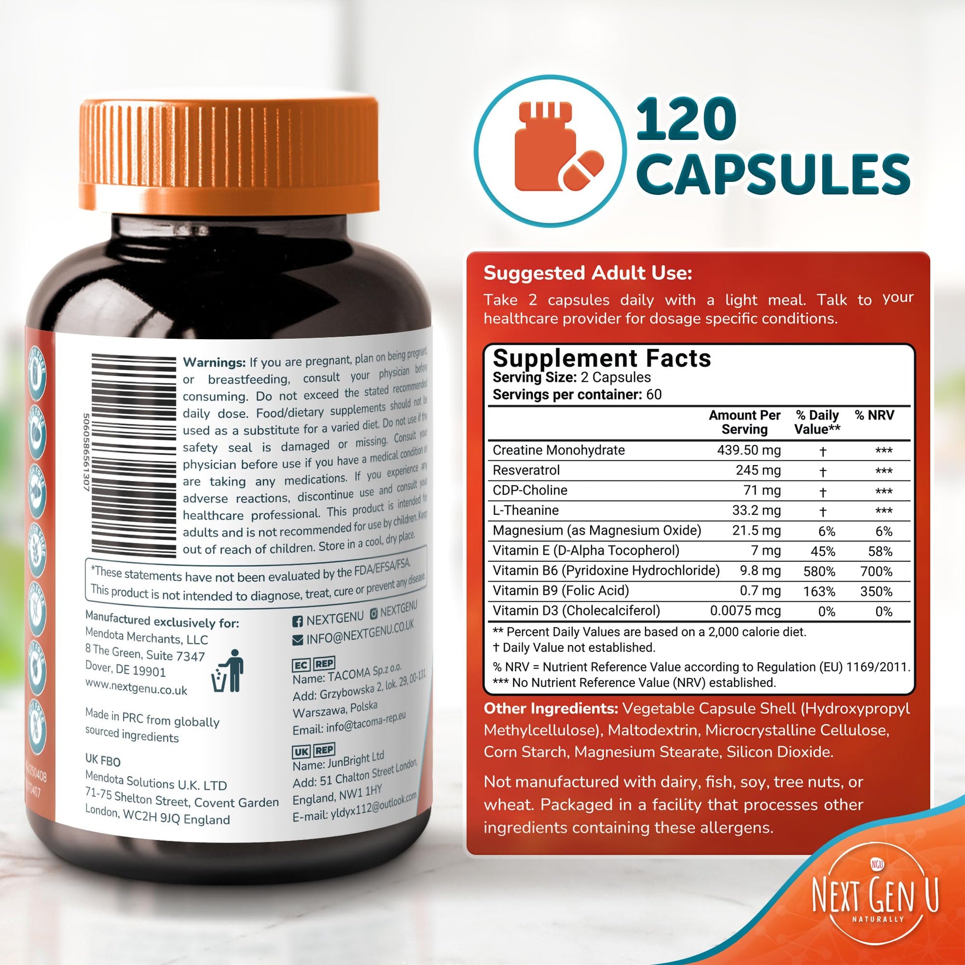 Brain Supplement - 120 Vegan Capsules - Dietary Nootropic May Help Memory, Cognitive Function & Focus - Formulation with Amino Acids, Polyphenols & B Vitamins - for Women, Men & Seniors - by NextGenU NGU Next Gen U uk supplements