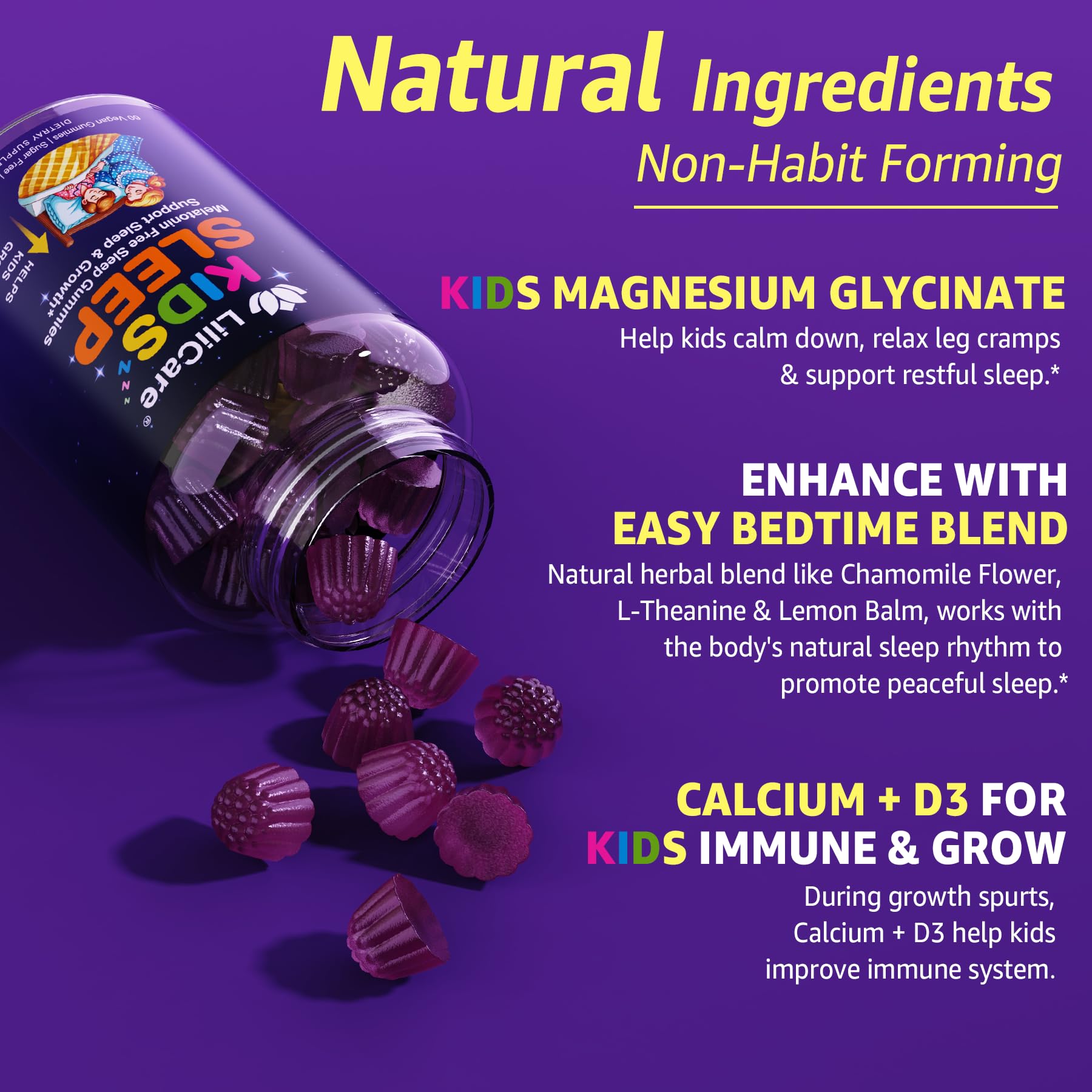 LILICARE Kids Sleep Gummies - Magnesium Glycinate Gummies, Melatonin Free Sleep Aid | Magnesium, Calcium, D3, B6, L Theanine | Kid Melatonin Alternative for Restful Sleep (Pack of 2) LILICARE uk supplements