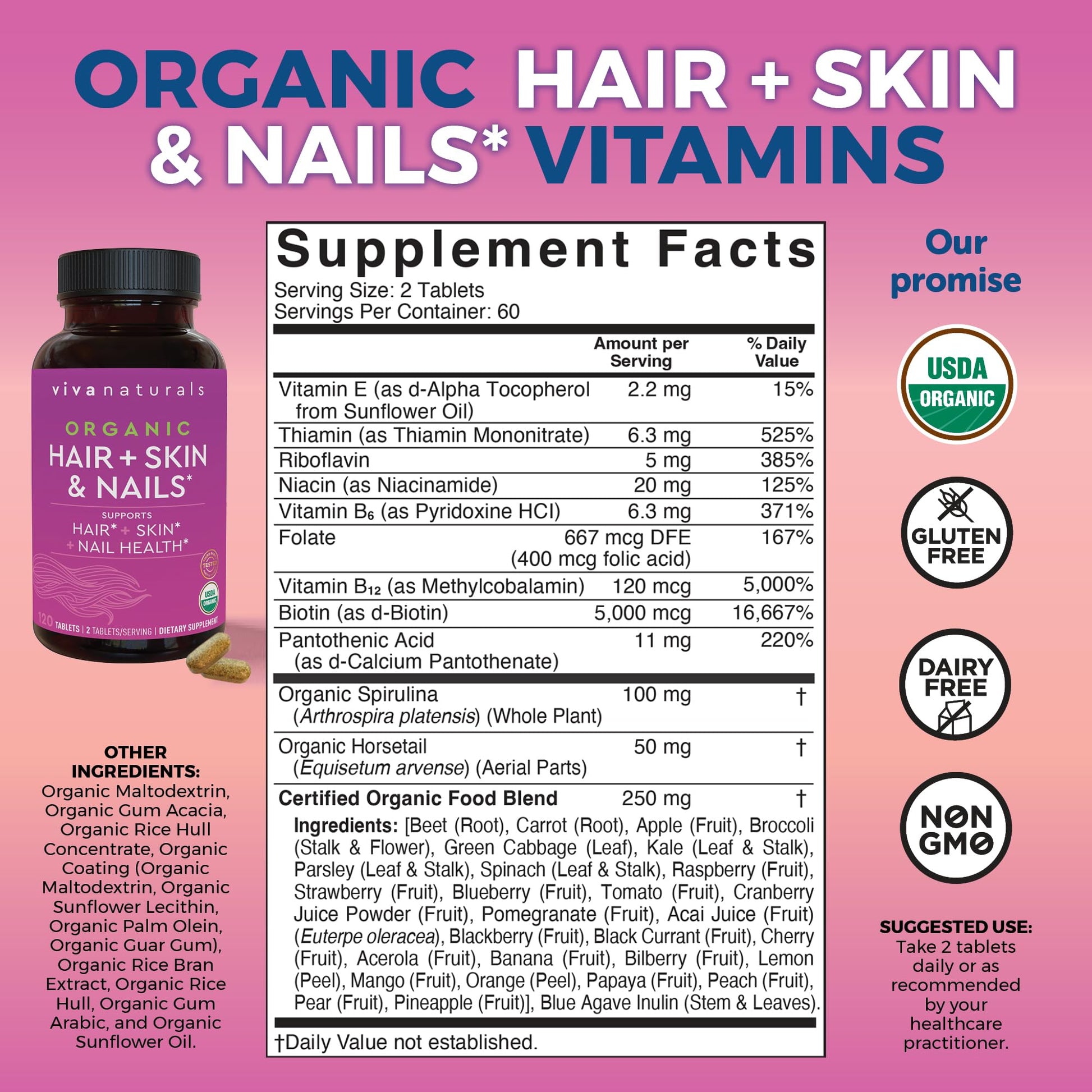 Biotin 5000 mcg Hair Skin Nails Vitamins for Women – Organic and Vegetarian-Friendly Supplement with Vitamin E, B-Vitamins, Spirulina Viva Naturals uk supplements