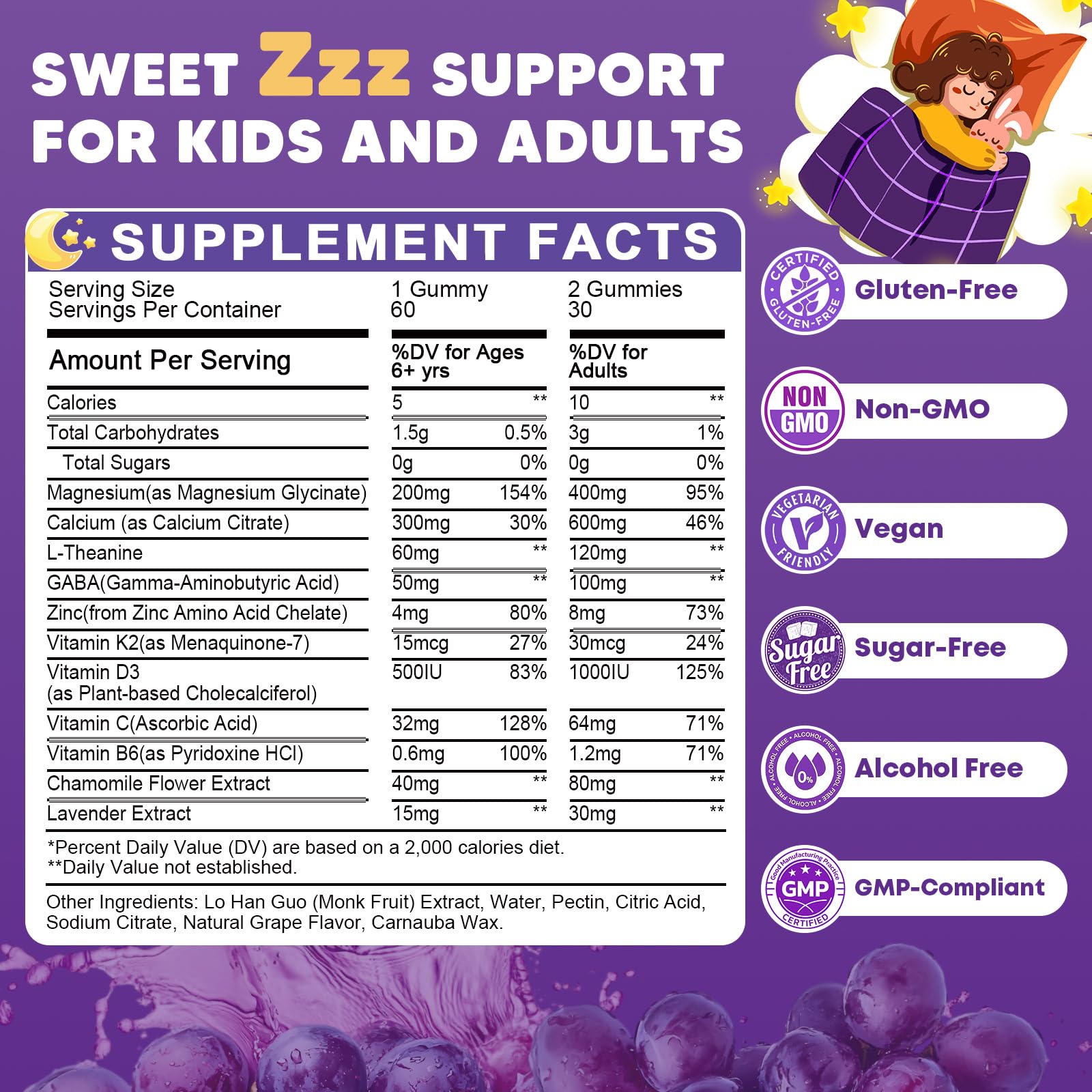 Sugar Free Magnesium Glycinate Gummies for Kids & Adults - Zzz Support, Relaxation & Cognition Support, 200/400mg Magnesium Gummies with L-Theanine, GABA, Calcium, B6, D3, C & K2, Grape Flavor, 60 Ct JIANKYTZ uk supplements