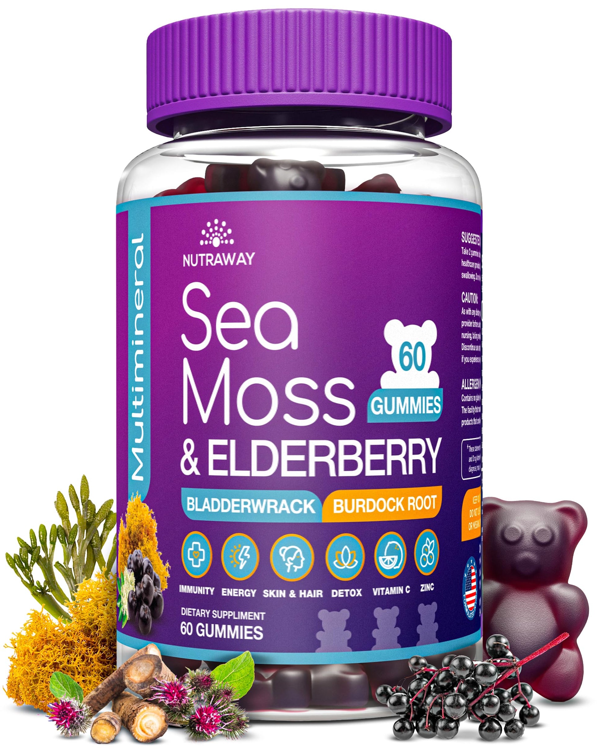 NUTRAWAY LABS Sea Moss Gummies with Elderberry, Vitamin C & Zinc - 102 Minerals from Irish Sea Moss, Bladderwrack & Burdock Root for Immune Support - Vegan Seamoss Supplement (Pack of 1) NUTRAWAY LABS uk supplements