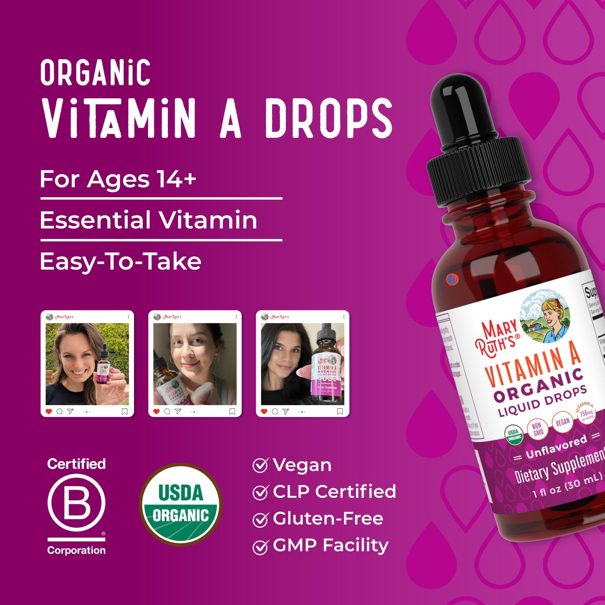 MaryRuth Organics USDA Organic Vitamin A Liquid Drops | 3 Month Supply | Bone Health for Ages 14+ | Essential Vitamin | 750mcg per Serving | Sugar Free | Vegan | Non-GMO | Gluten Free | 1oz MARYRUTH'S uk supplements