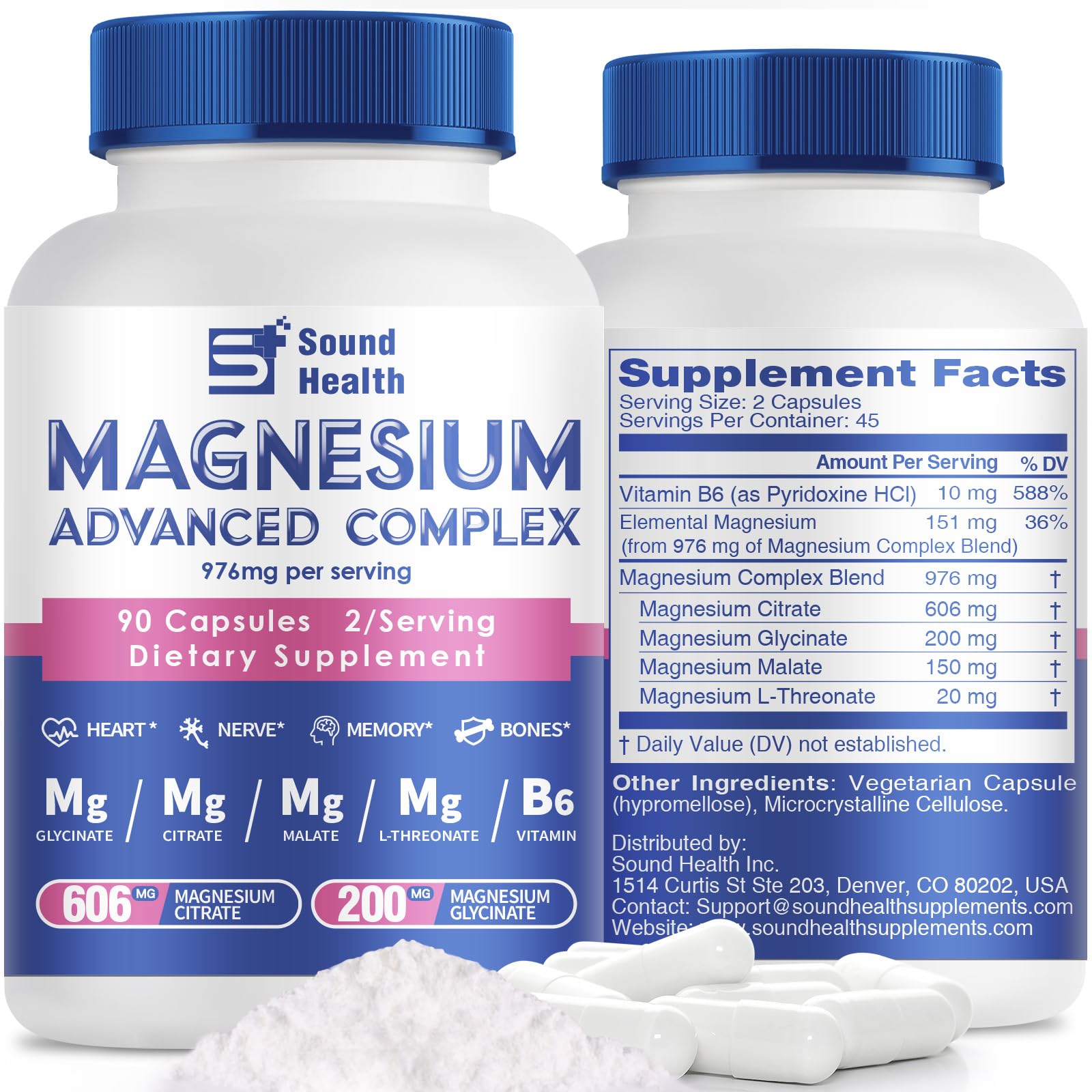 5 in 1 Magnesium Complex Capsule 976mg wtih Magnesium Glycinate, Citrate, Malate, L-Threonate & Vitamin B6, High Absorption Magnesium Complex for Women & Men, Third-Party Tested, Vegan, Non-GMO Sound Health Plus uk supplements