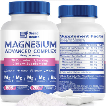 5 in 1 Magnesium Complex Capsule 976mg wtih Magnesium Glycinate, Citrate, Malate, L-Threonate & Vitamin B6, High Absorption Magnesium Complex for Women & Men, Third-Party Tested, Vegan, Non-GMO Sound Health Plus uk supplements