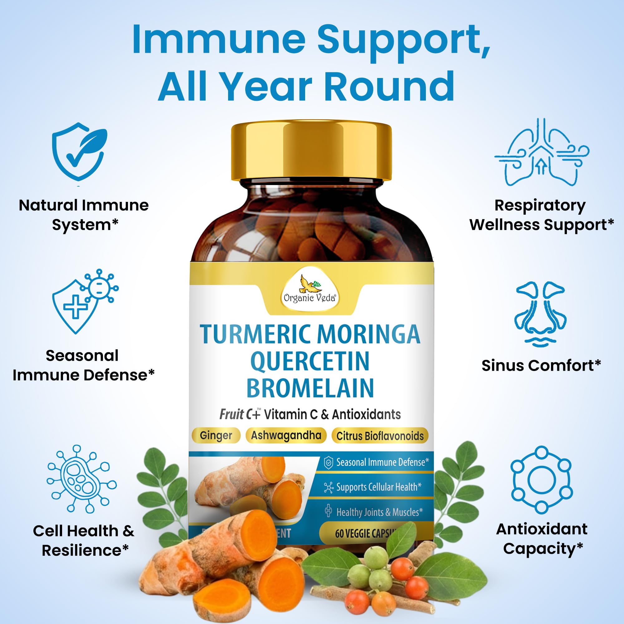 Organic Veda Turmeric Moringa Quercetin with Bromelain Capsules - Fruit C+ Vitamin C Antioxidants Immune System & Respiratory Supplement - Ashwagandha, Ginger, Citrus Bioflavonoids, 60 Vegan Capsule Organic Veda uk supplements