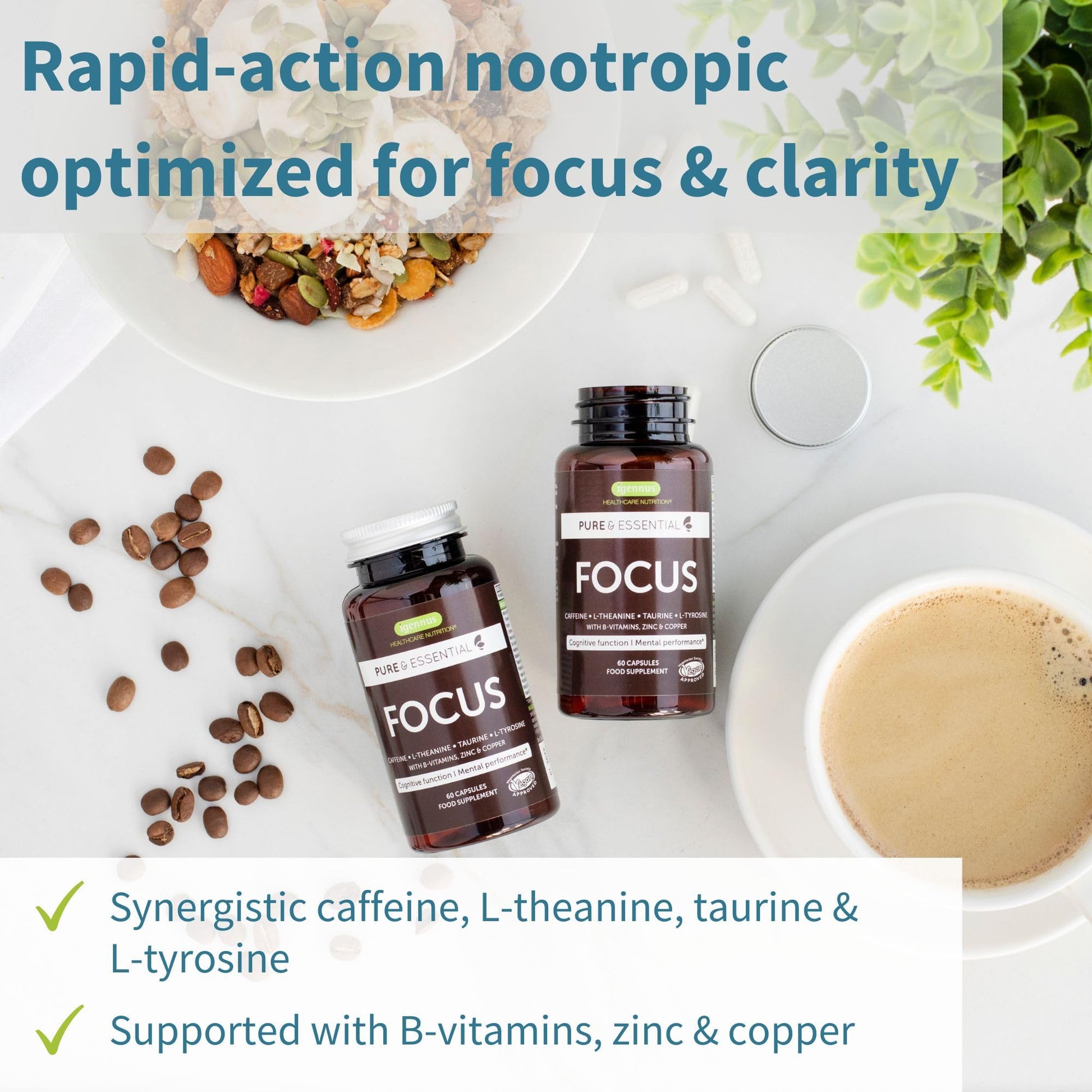 Igennus Focus - Nootropic with 200mg Natural Caffeine, Methylated B Vitamins, L-Theanine, Taurine, L-Tyrosine, Clean Energy, Brain Booster & Cognitive Performance, Non Jittery, 60 Capsules Igennus Healthcare Nutrition uk supplements