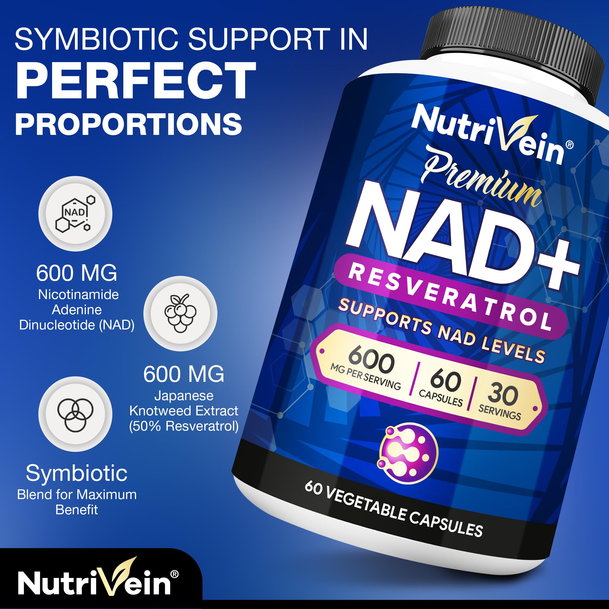 Nutrivein Premium NAD + Resveratrol Supplement 600 mg - 30 Servings (60 Capsules): Powerful Synergistic NAD Resveratrol Supplement - Aging, Cognition, Metabolism, & Overall Well-Being Nutrivein uk supplements