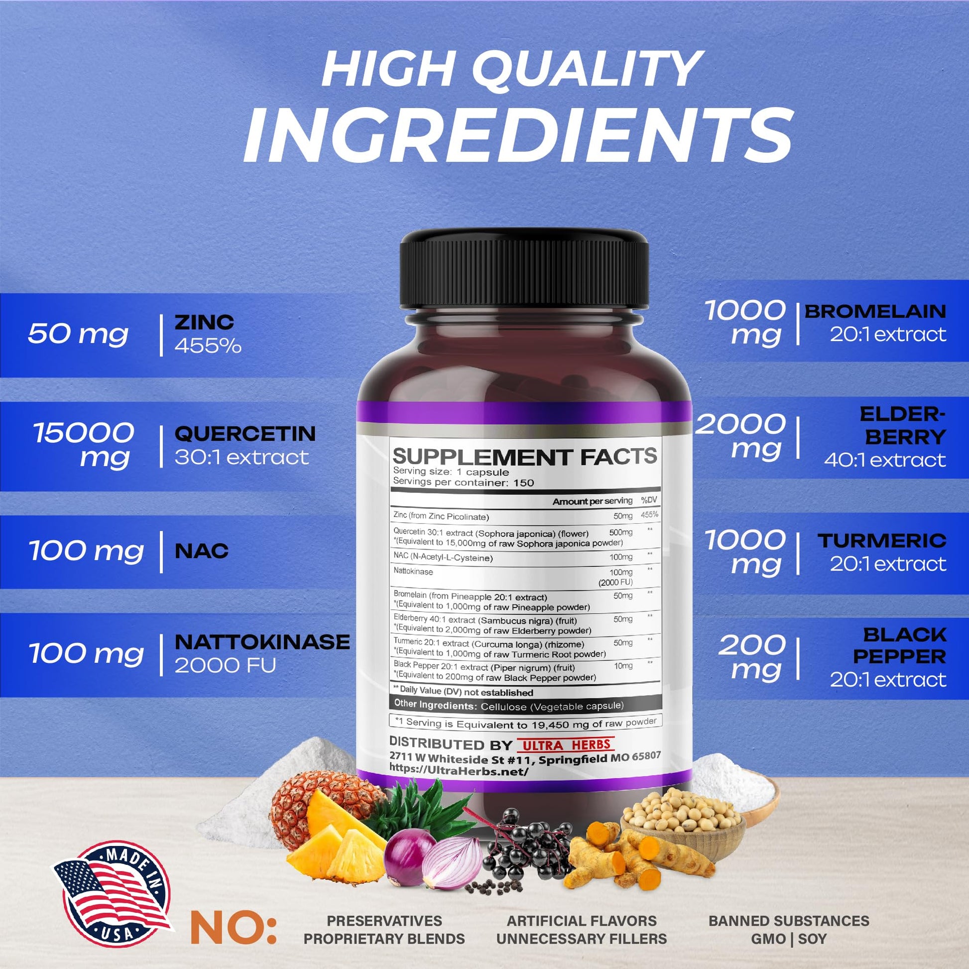 Quercetin 19,450mg 8 IN 1 with NAC, Nattokinase, Zinc, Bromelain, Elderberry, Turmeric ULTRA HERBS uk supplements