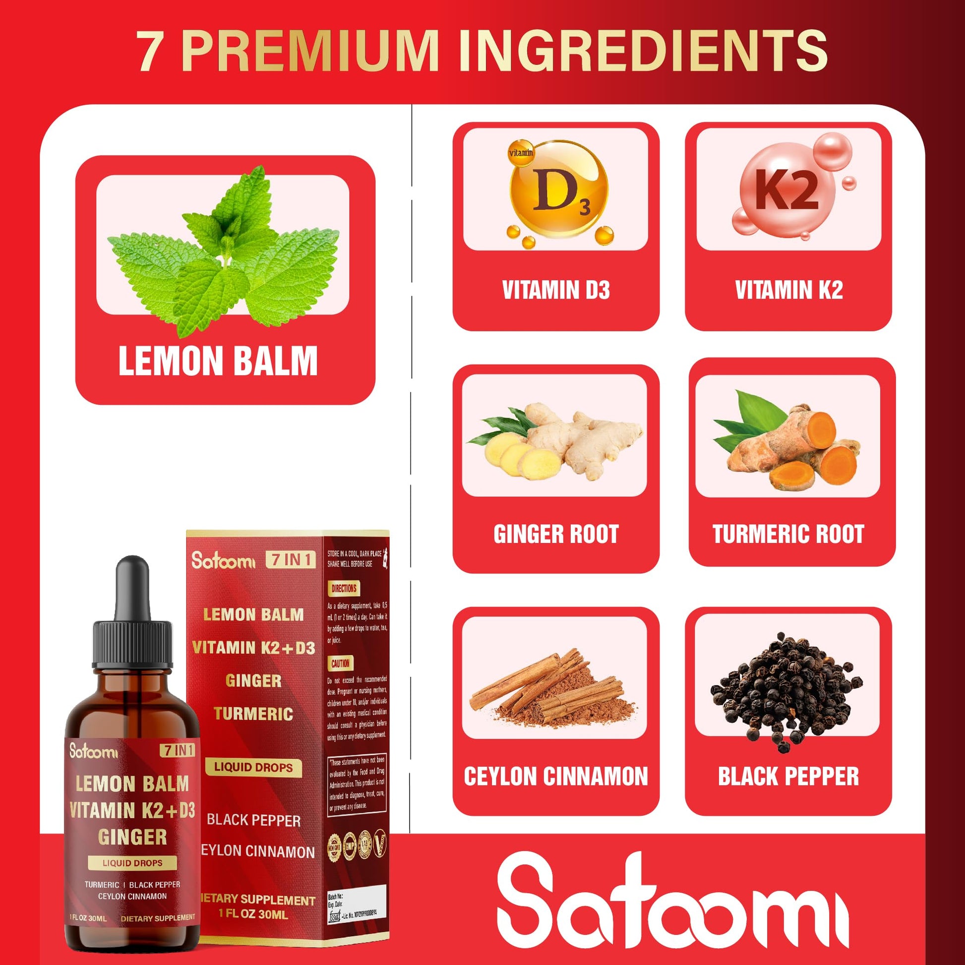 Satoomi 7in1 Lemon Balm Tincture with Vitamin D3, Vitamin K2, Ginger Root, Turmeric, Ceylon Cinnamon and Black Pepper - 1 FL Oz - 60 Day Supply Satoomi uk supplements