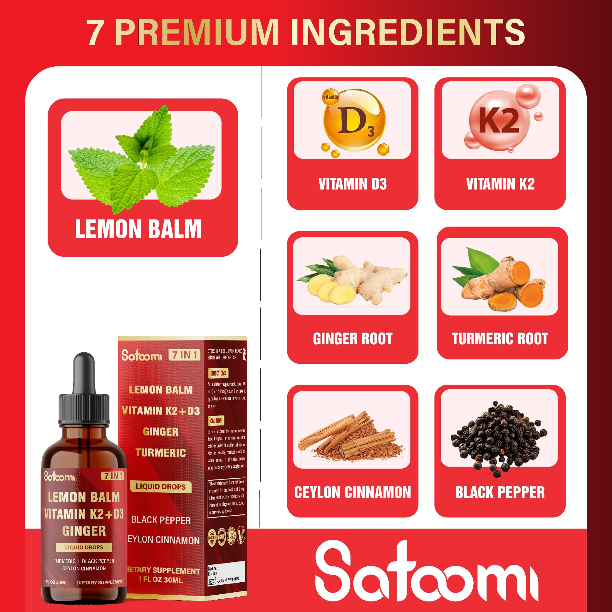 Satoomi 7in1 Lemon Balm Tincture with Vitamin D3, Vitamin K2, Ginger Root, Turmeric, Ceylon Cinnamon and Black Pepper - 1 FL Oz - 60 Day Supply Satoomi uk supplements