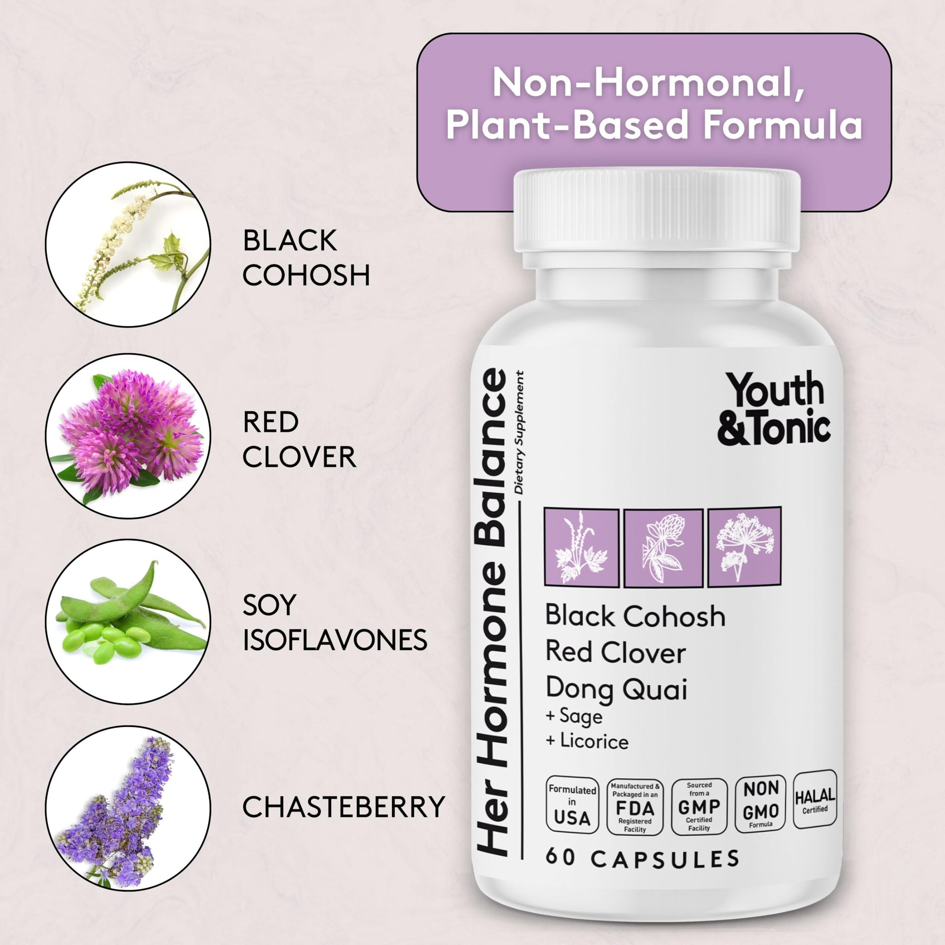 Youth & Tonic Her Hormone Balance – Menopause Supplement for Women, Perimenopause Support, Non-Hormonal Herbal Formula with Black Cohosh for Hot Flashes & Night Sweats, 60 Capsules Youth & Tonic uk supplements