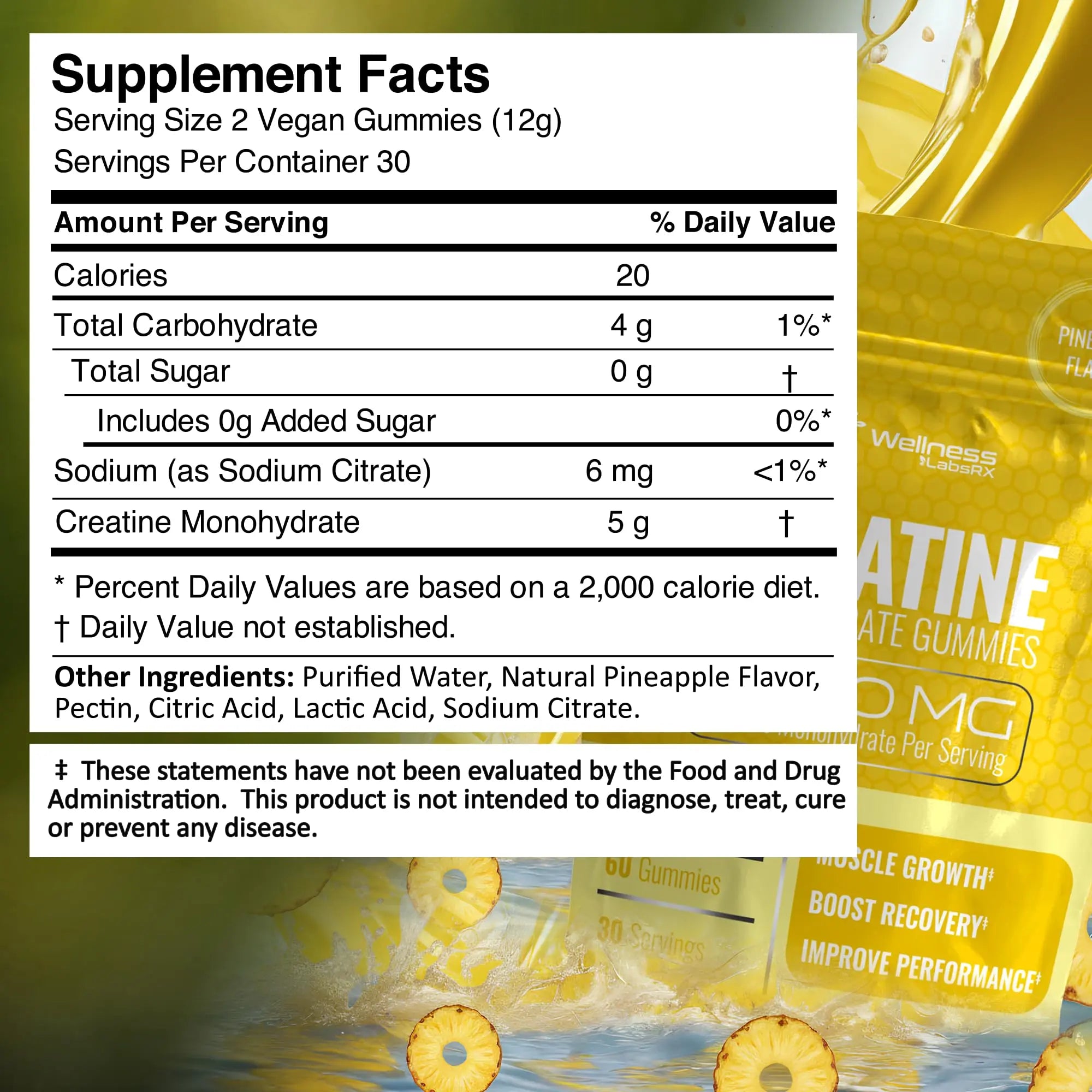 Creatine Gummies 5000mg, 30 Servings Creatine Monohydrate Gummies - Third-Party Tested Creatine for Women, Pineapple Flavor Creatine for Men, Muscle Growth, WELLNESS LABSRX uk supplements