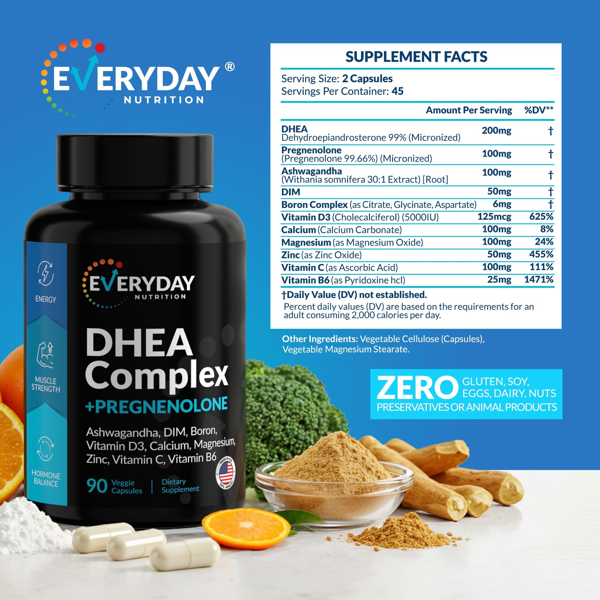 DHEA Micronized 200mg Complex with Pregnenolone 100mg Supplement for Men & Women with Ashwagandha, DIM, Magnesium, Boron, Calcium , Zinc, Vitamin D3, C and B6 Hormone Support - Made in USA 90 Capsules EVERYDAY NUTRITION uk supplements