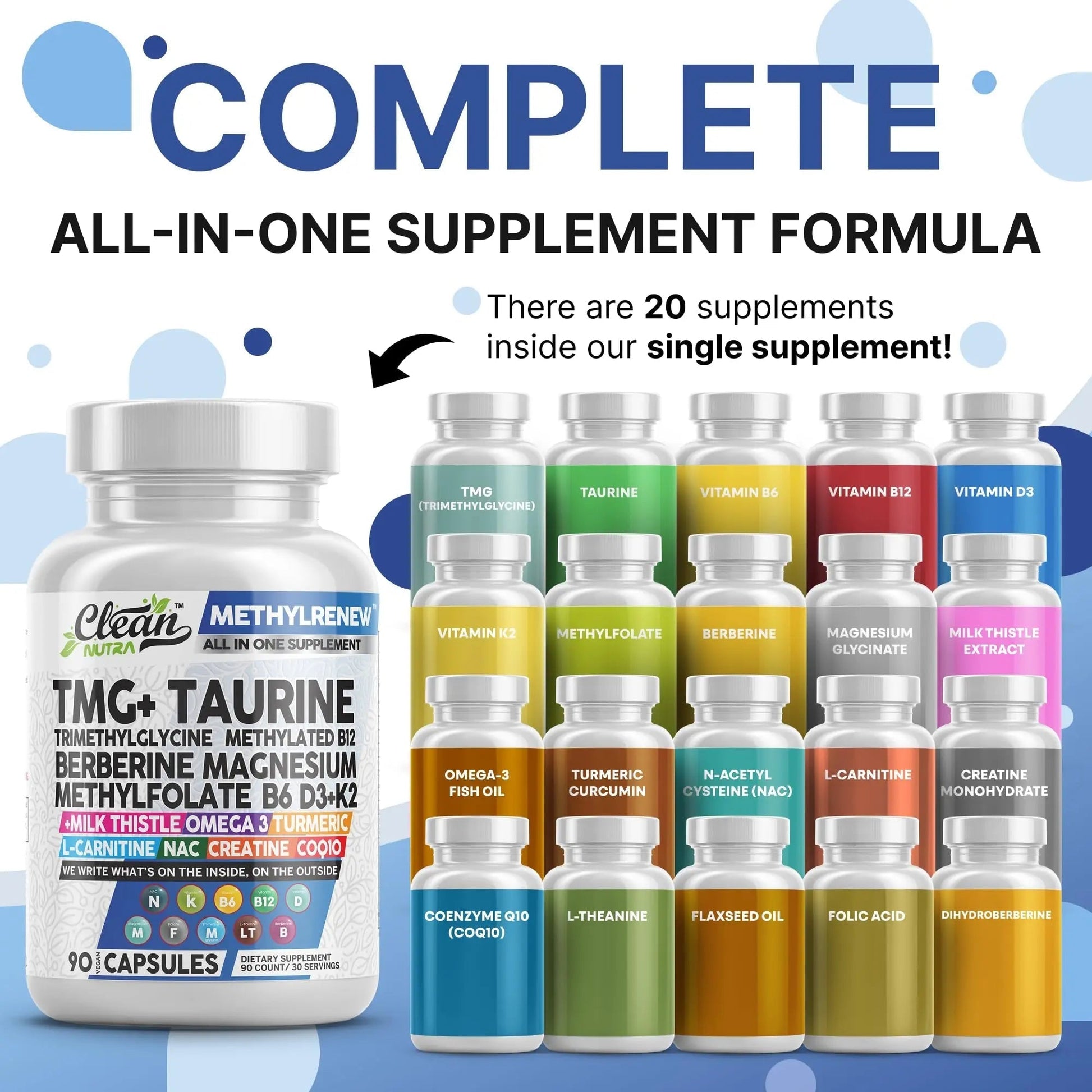Clean Nutra TMG Supplements 1000mg | Methylated Multivitamin for Women Men | Taurine B6 Vitamins B12 D3 K2 Trimethylglycine Magnesium Clean Nutraceuticals uk supplements