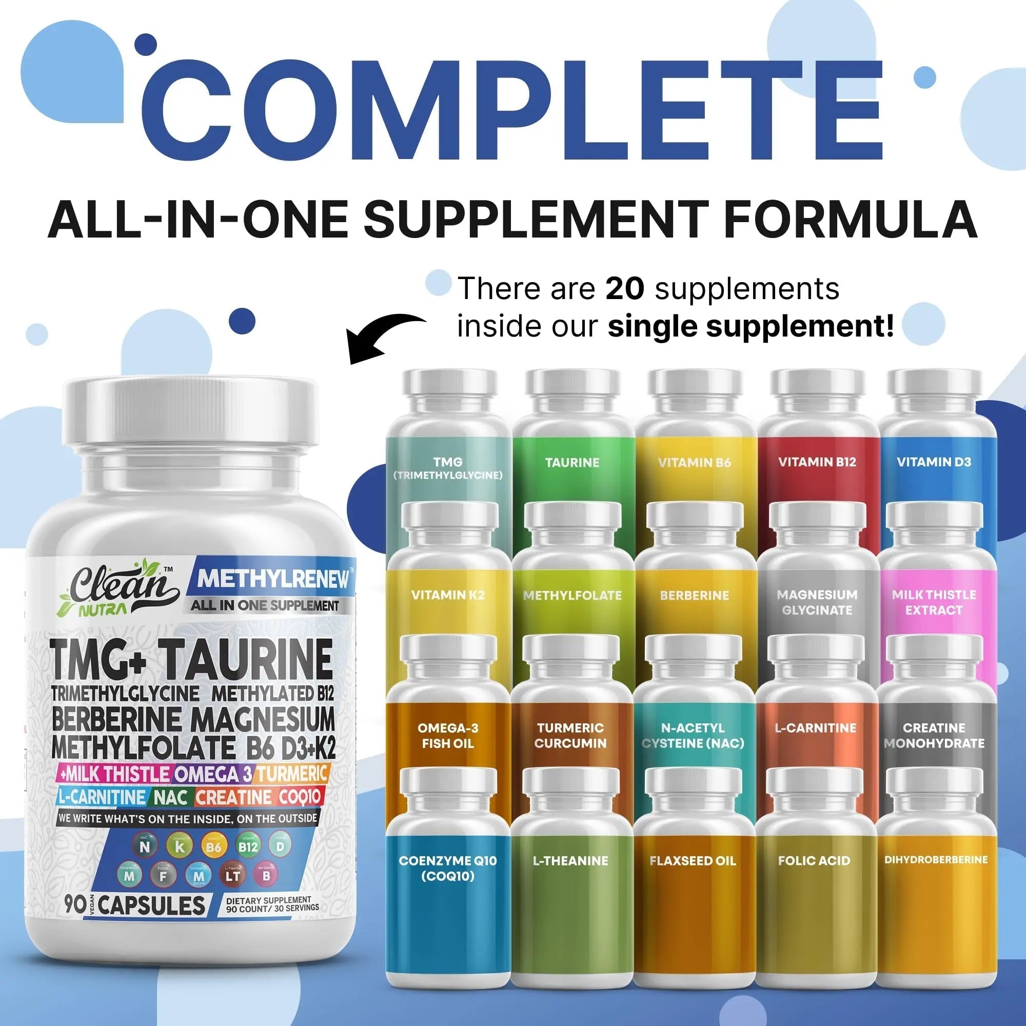 Clean Nutra TMG Supplements 1000mg | Methylated Multivitamin for Women Men | Taurine B6 Vitamins B12 D3 K2 Trimethylglycine Magnesium Clean Nutraceuticals uk supplements