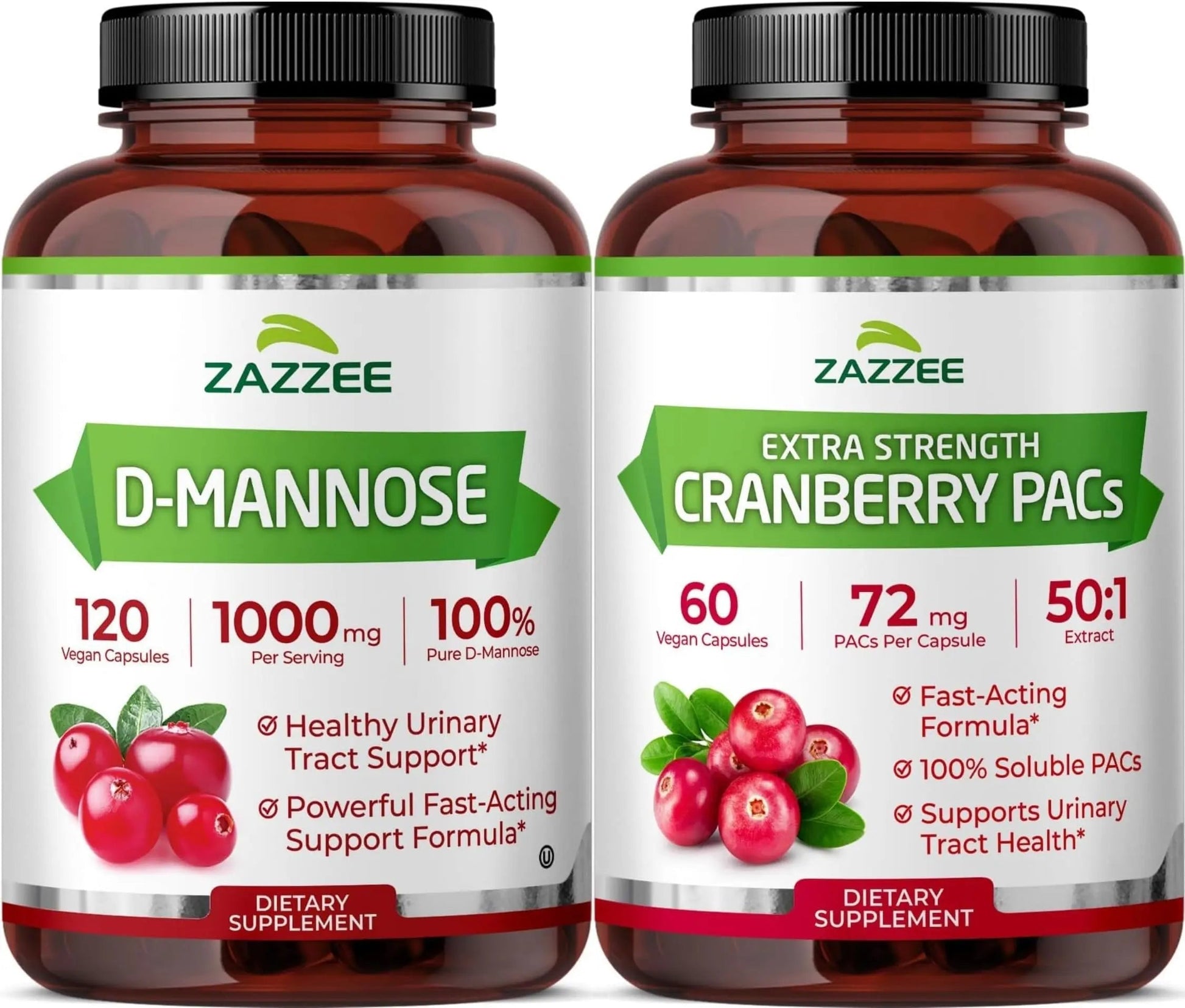 Zazzee Ultimate Urinary Tract Support Bundle | Super Concentrated Proanthocyanidin Cranberry Extract Capsules Plus D-Mannose 1000mg Capsules for UT & Bladder Cleansing (60 Servings Each) Zazzee uk supplements