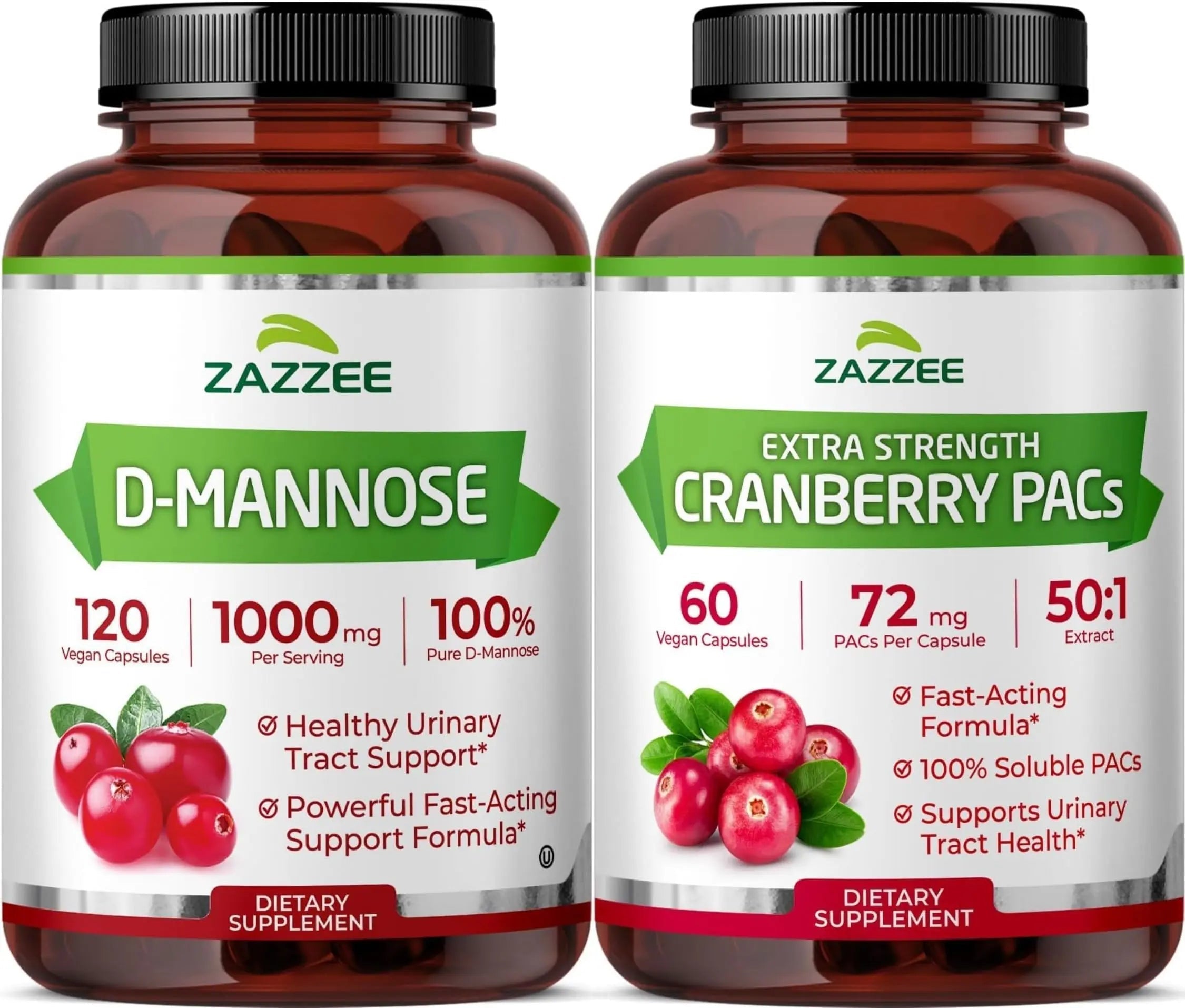 Zazzee Ultimate Urinary Tract Support Bundle | Super Concentrated Proanthocyanidin Cranberry Extract Capsules Plus D-Mannose 1000mg Capsules for UT & Bladder Cleansing (60 Servings Each) Zazzee uk supplements